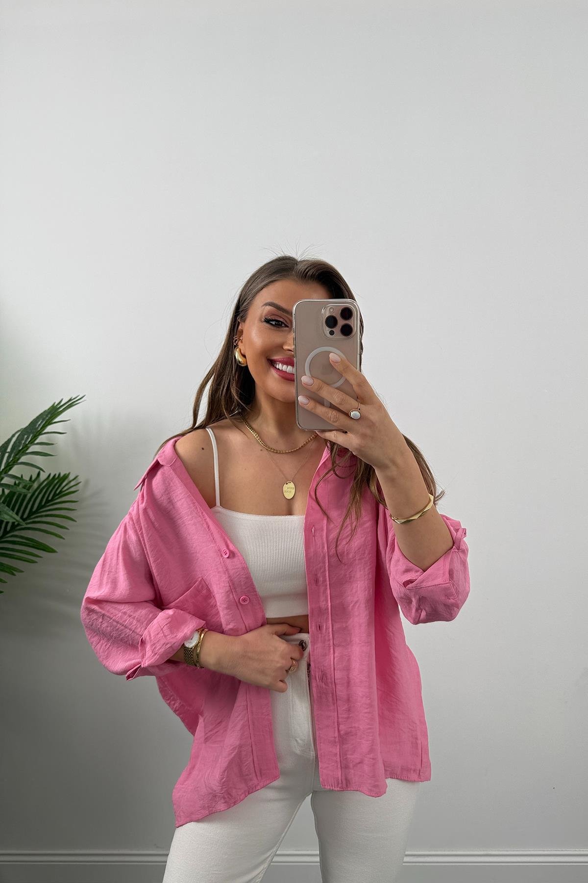 Lüx Kalite Basic Salaş Tensel Gömlek Barbie Pembe