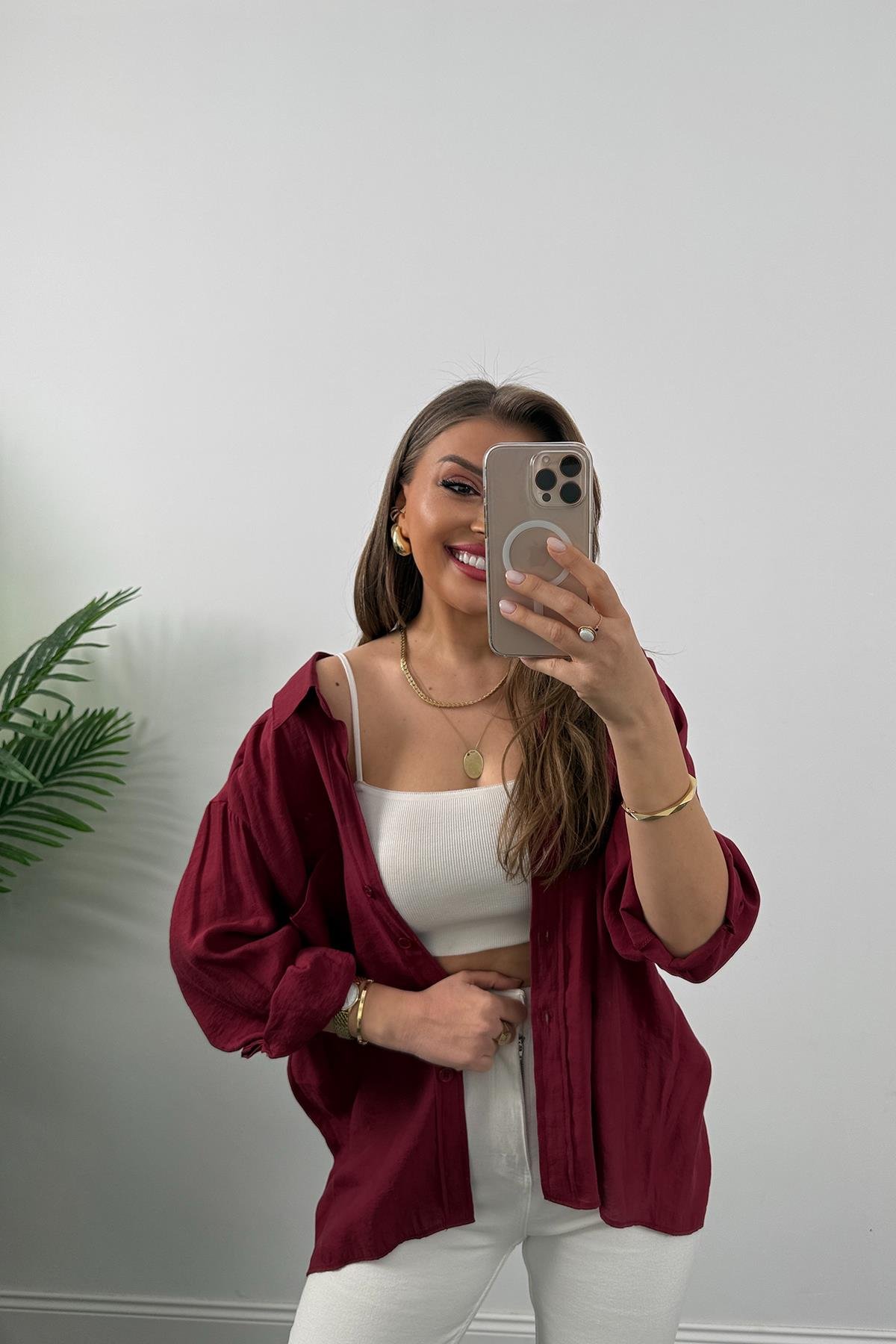 Lüx Kalite Basic Salaş Tensel Gömlek Bordo