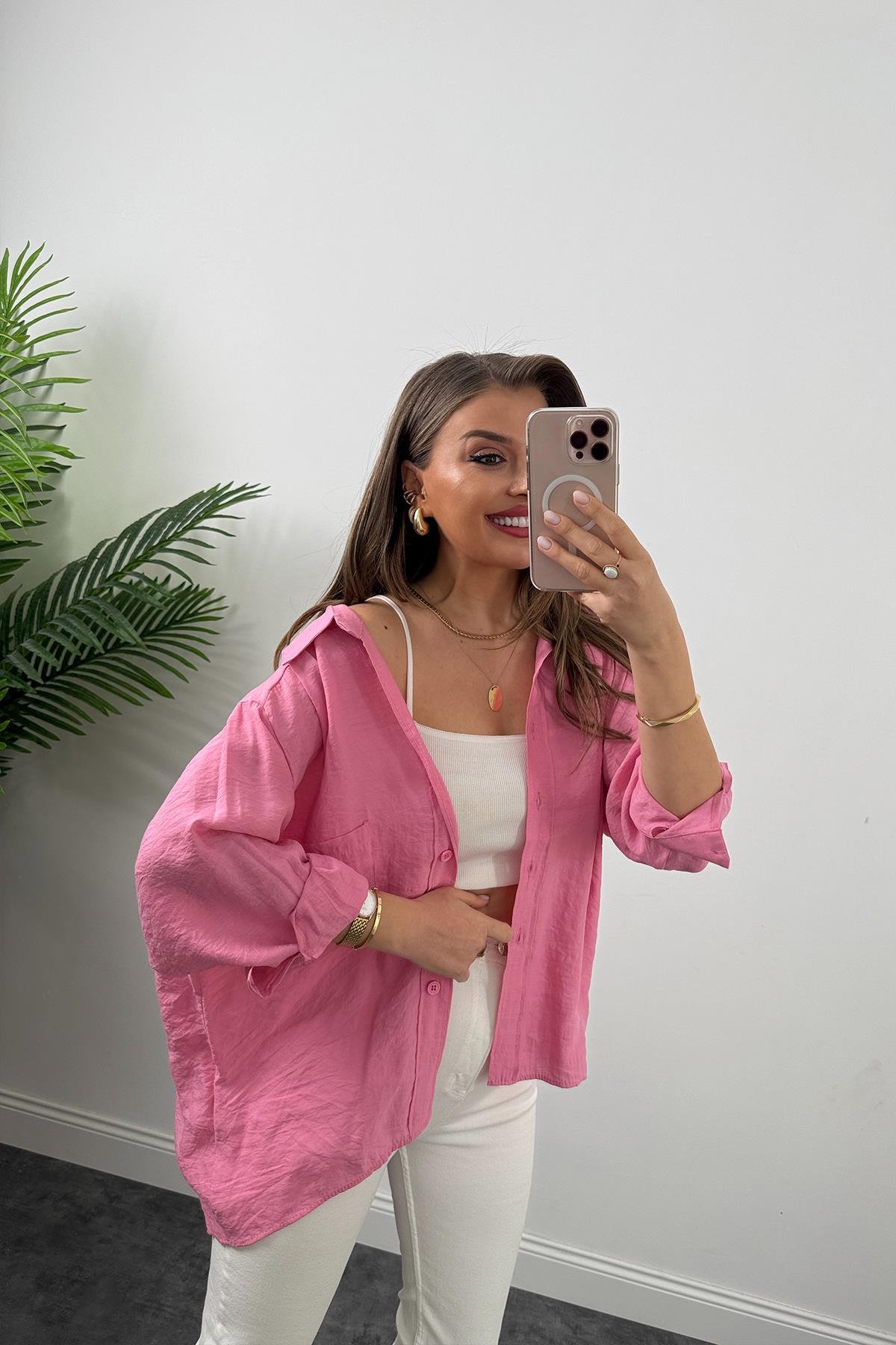 Lüx Kalite Basic Salaş Tensel Gömlek Barbie Pembe