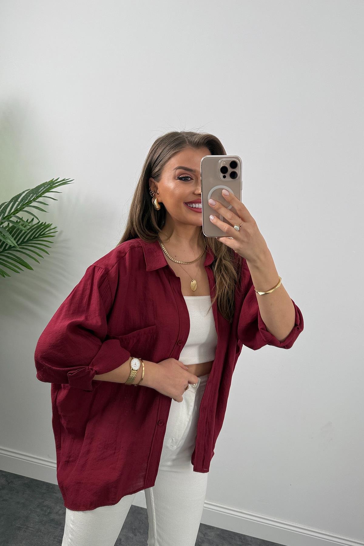 Lüx Kalite Basic Salaş Tensel Gömlek Bordo