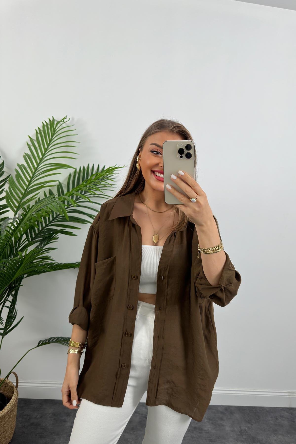 Lüx Kalite Basic Salaş Tensel Gömlek Çikolata Kahve