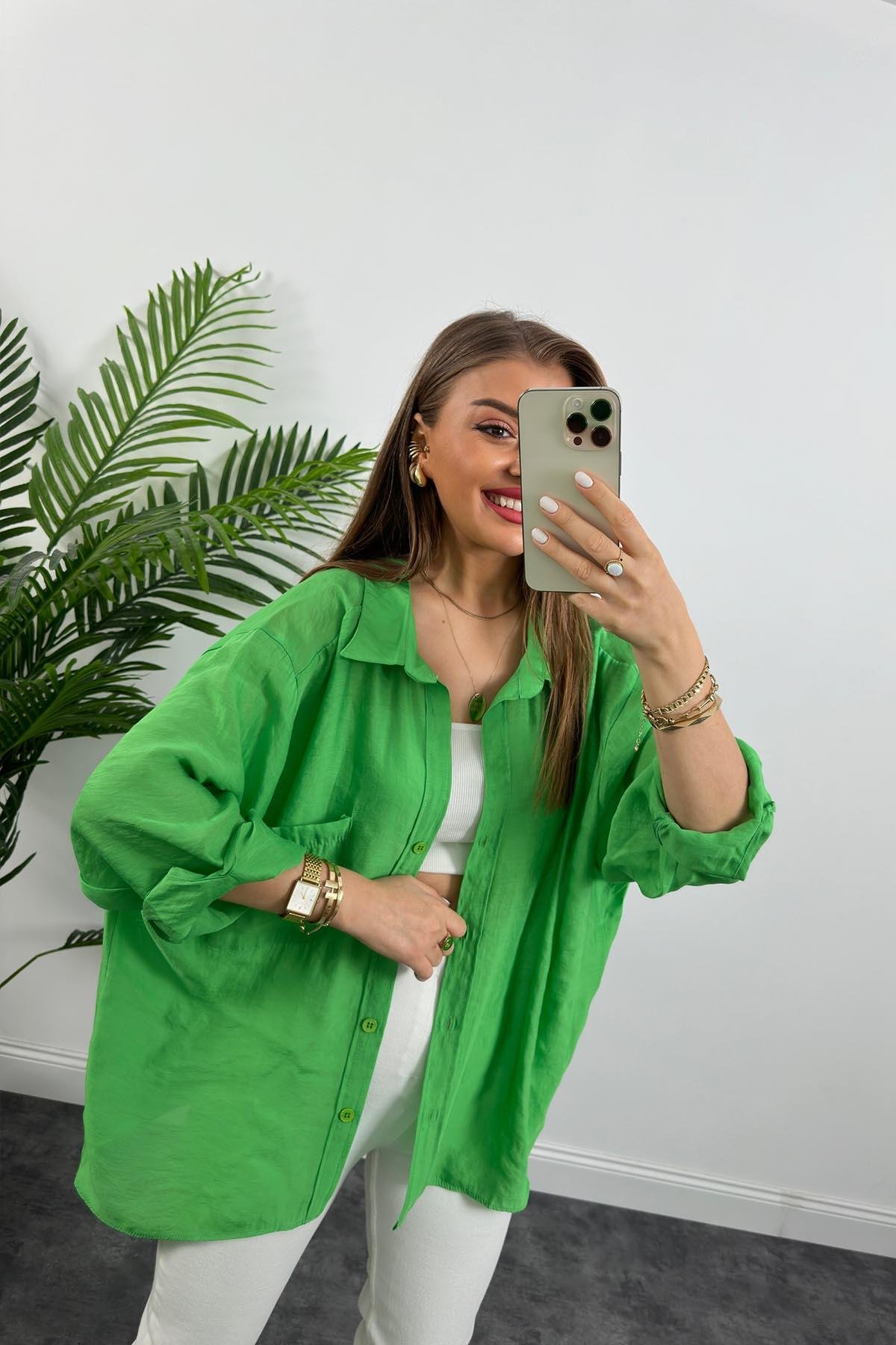 Lüx Kalite Basic Salaş Tensel Gömlek Çimen Yeşili