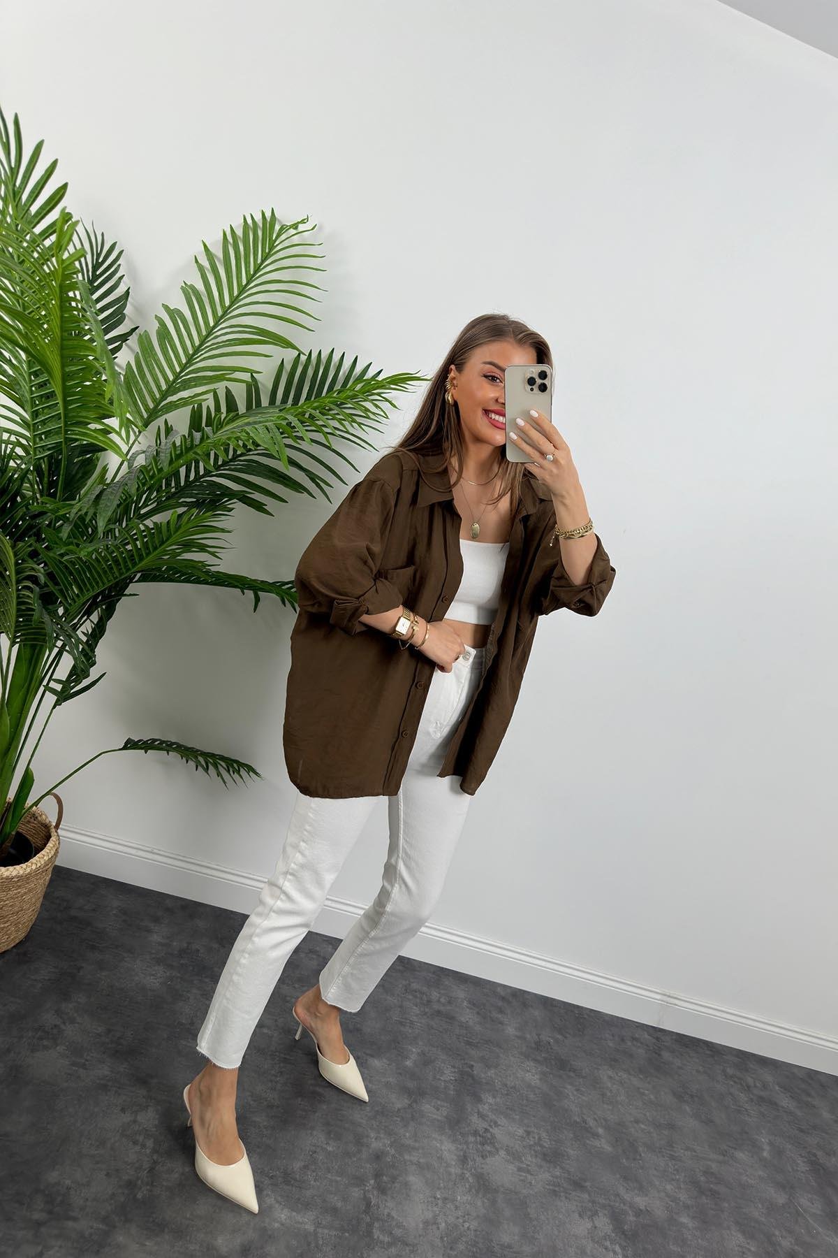 Lüx Kalite Basic Salaş Tensel Gömlek Çikolata Kahve