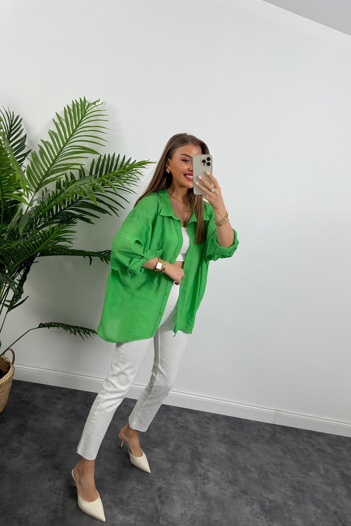 Lüx Kalite Basic Salaş Tensel Gömlek Çimen Yeşili