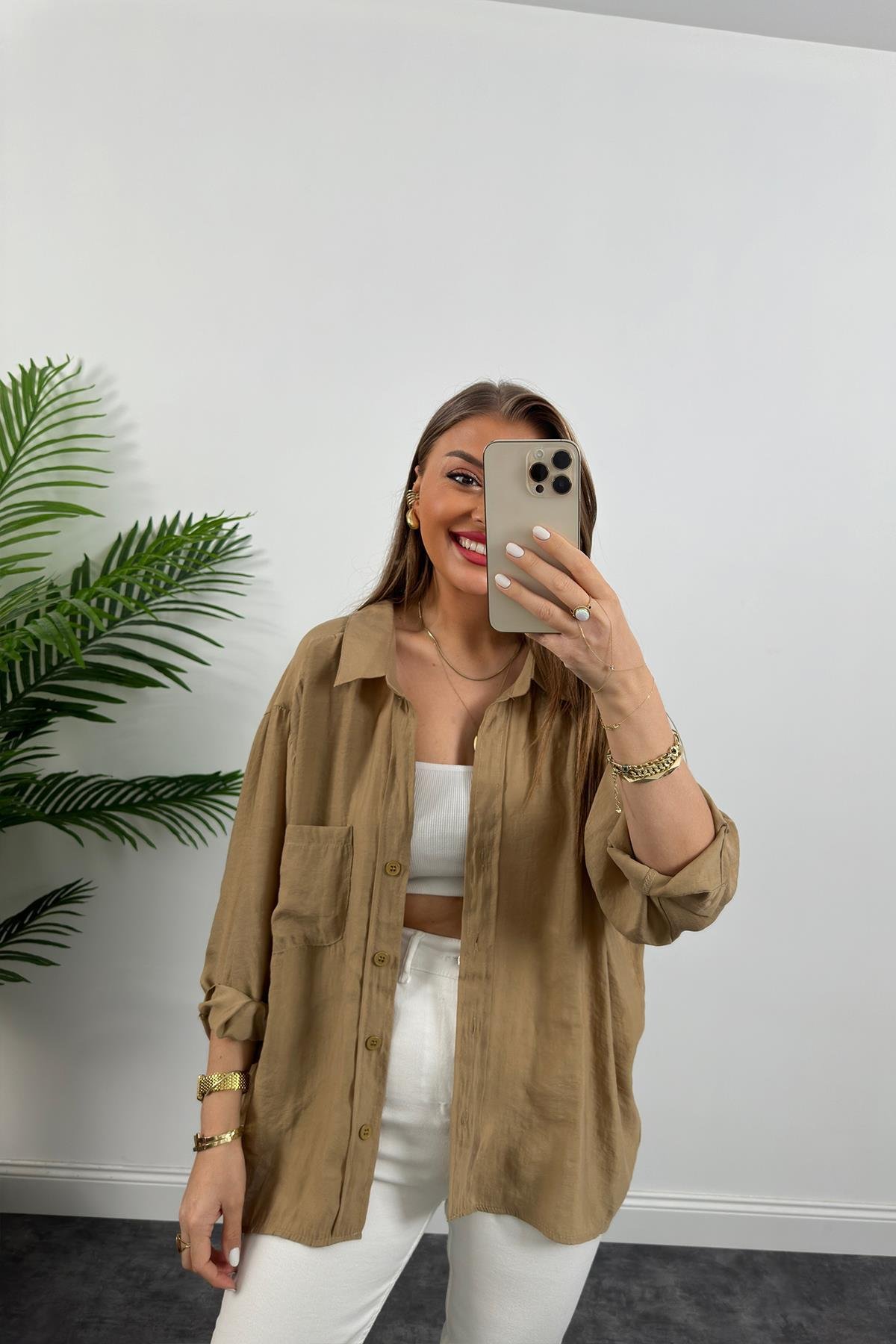 Lüx Kalite Basic Salaş Tensel Gömlek Camel