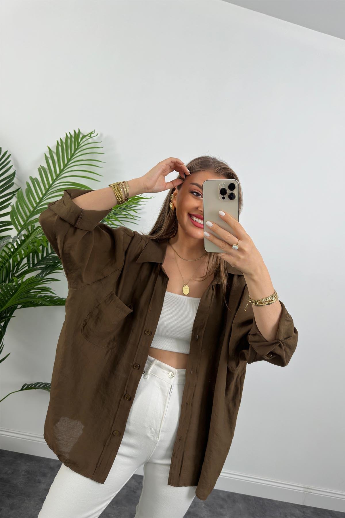 Lüx Kalite Basic Salaş Tensel Gömlek Çikolata Kahve