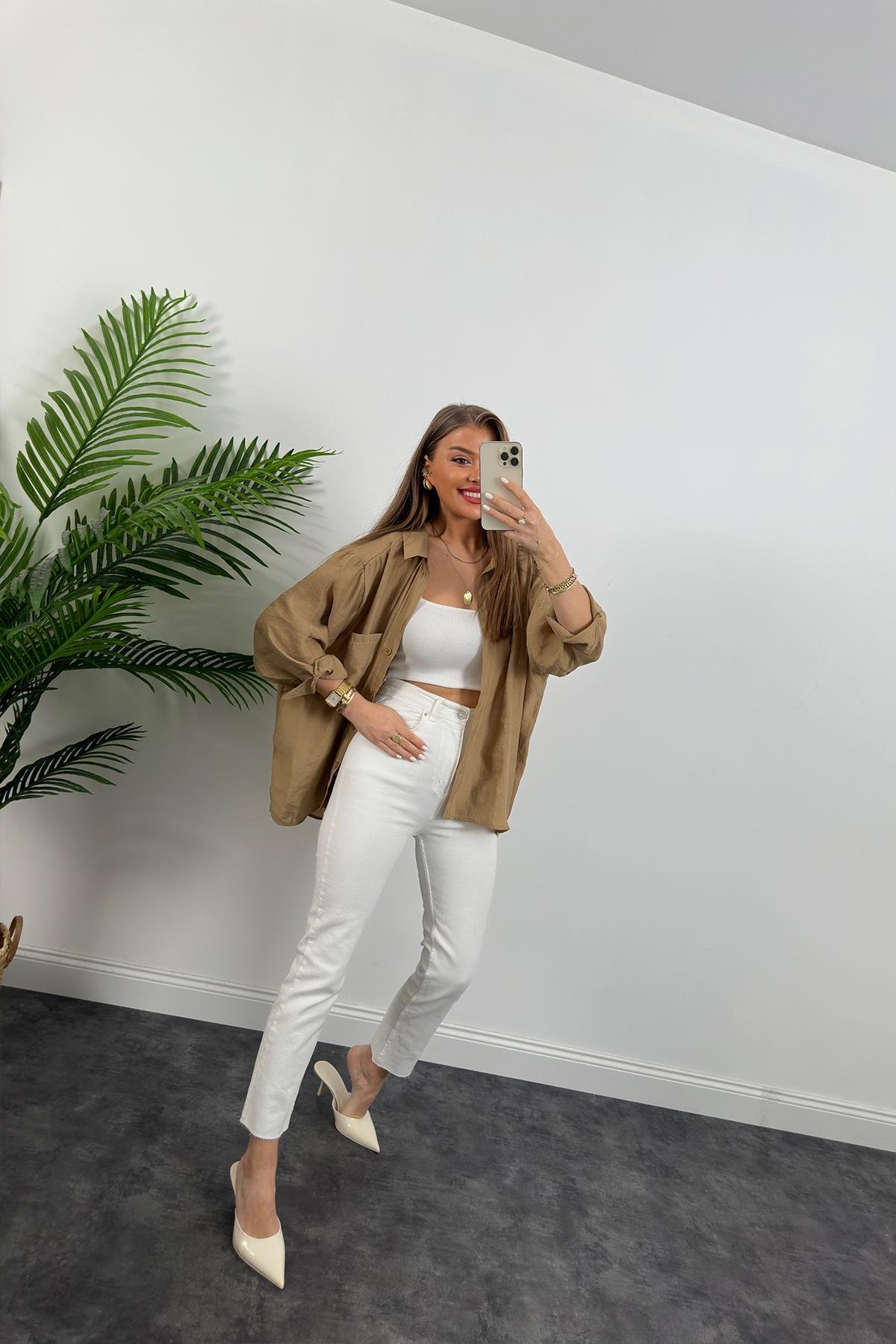 Lüx Kalite Basic Salaş Tensel Gömlek Camel