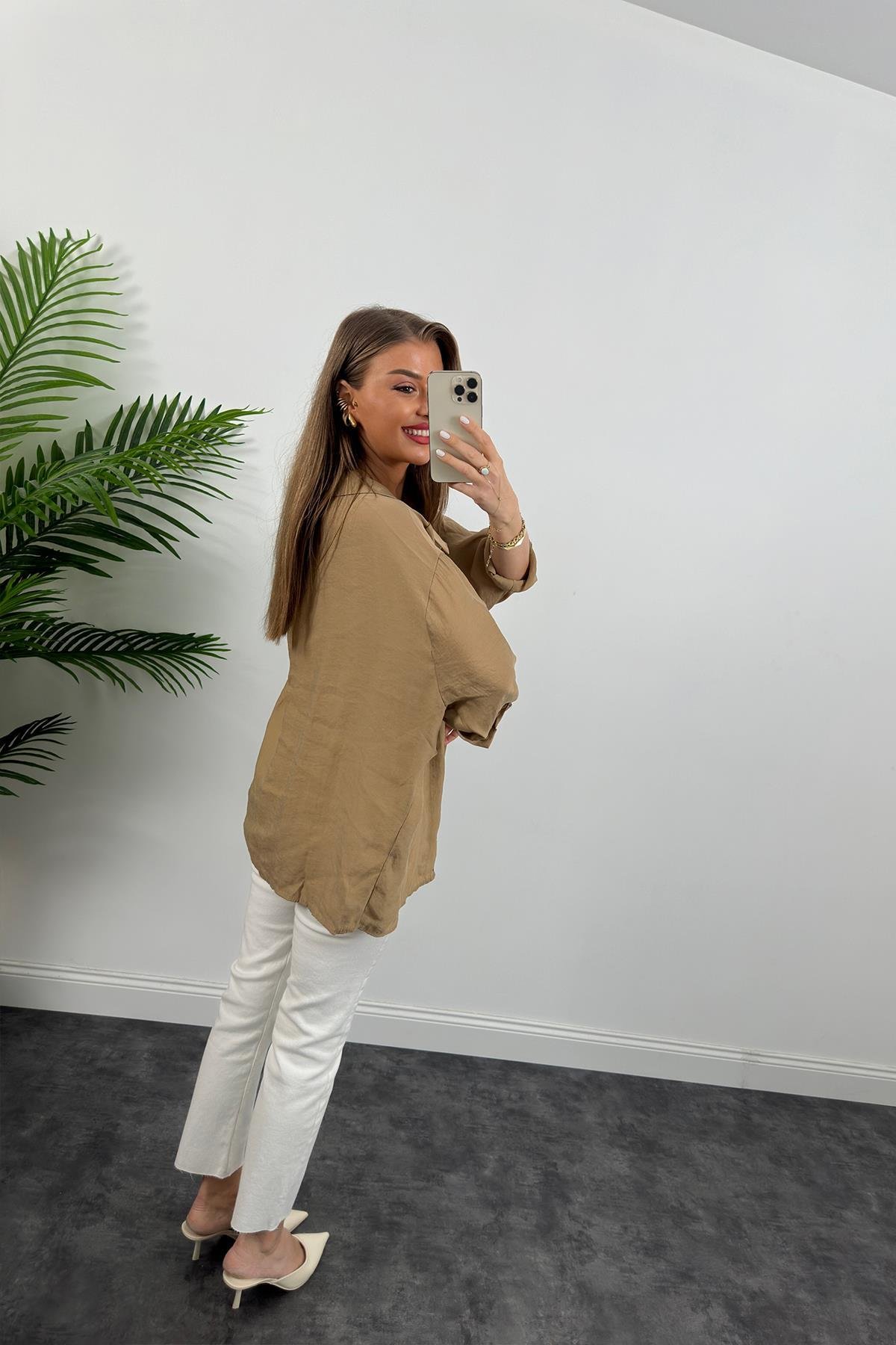 Lüx Kalite Basic Salaş Tensel Gömlek Camel