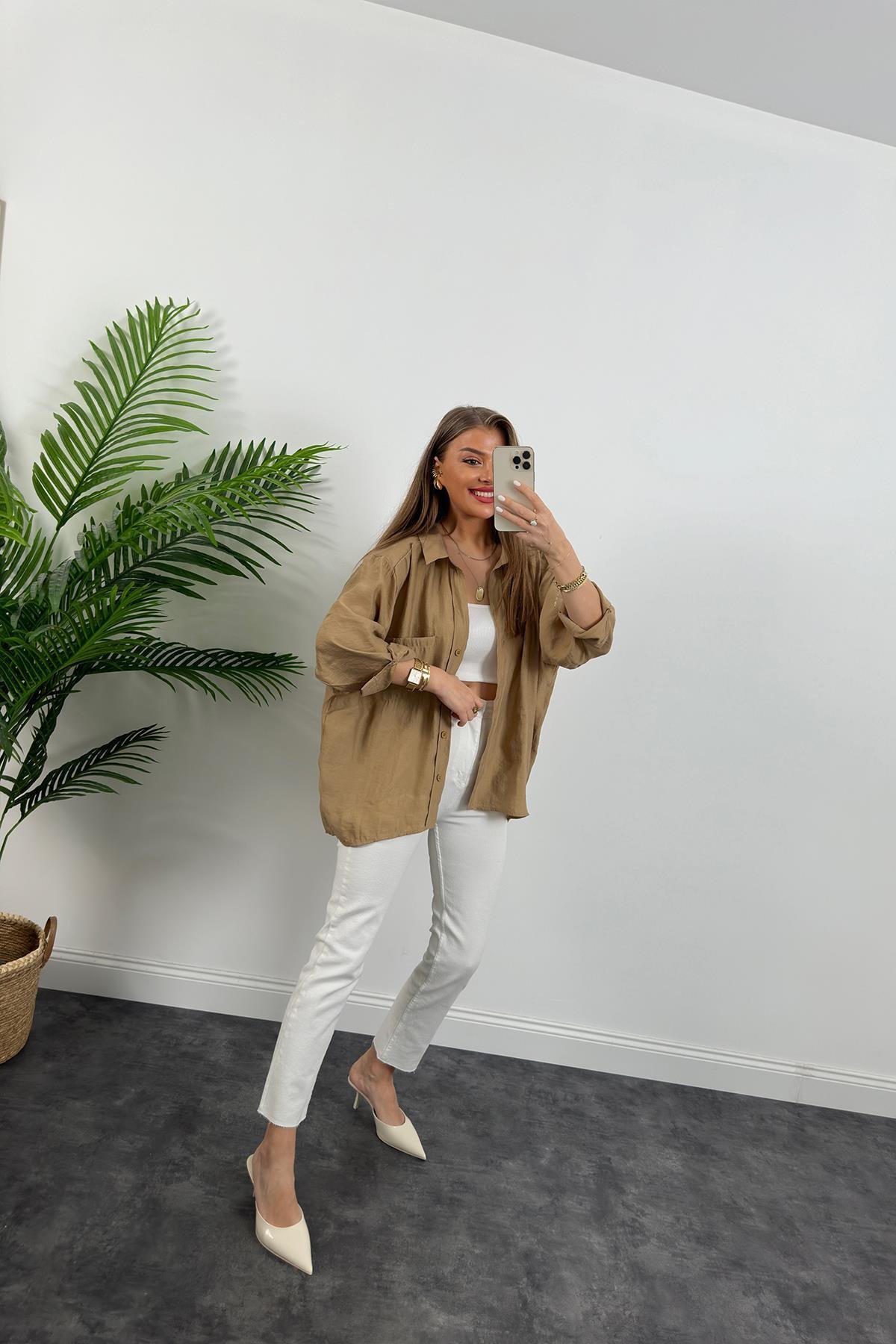 Lüx Kalite Basic Salaş Tensel Gömlek Camel