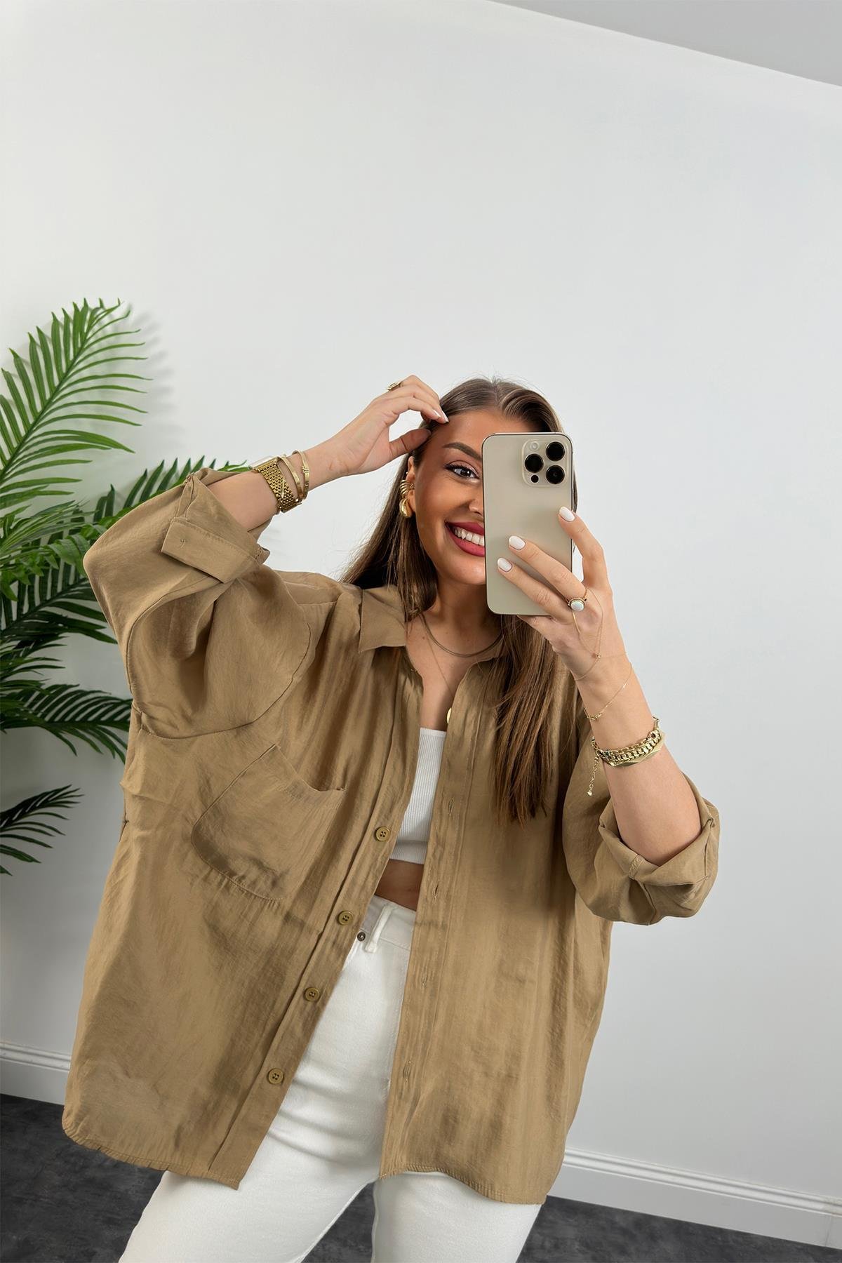 Lüx Kalite Basic Salaş Tensel Gömlek Camel