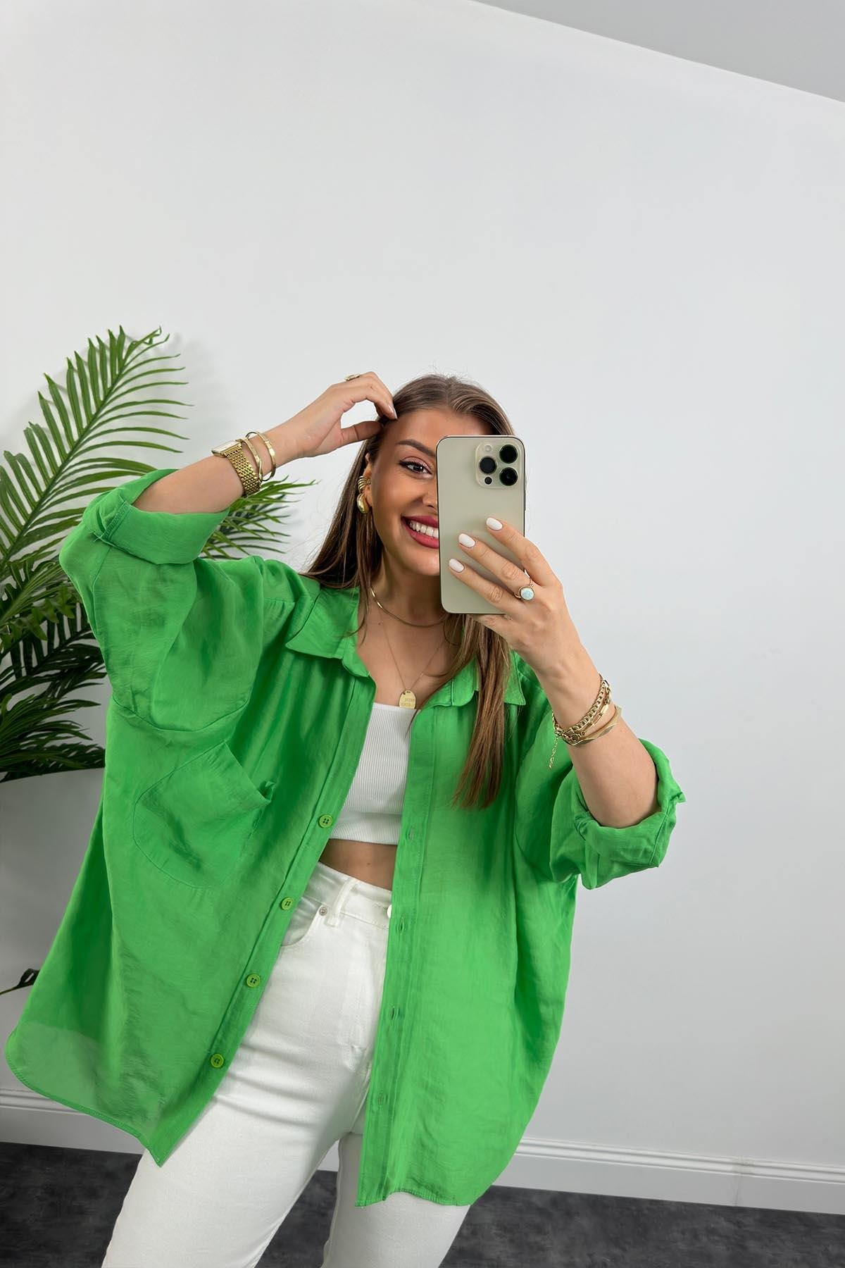 Lüx Kalite Basic Salaş Tensel Gömlek Çimen Yeşili