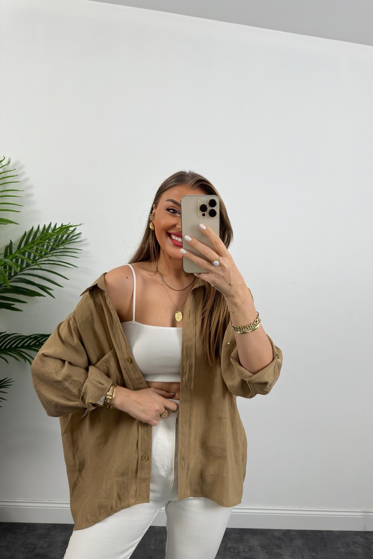 Lüx Kalite Basic Salaş Tensel Gömlek Camel