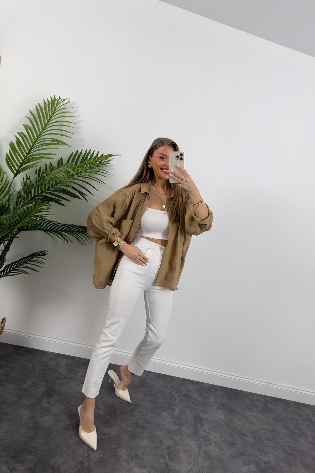 Lüx Kalite Basic Salaş Tensel Gömlek Camel