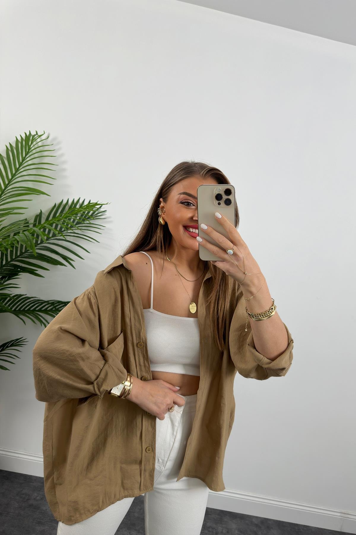 Lüx Kalite Basic Salaş Tensel Gömlek Camel