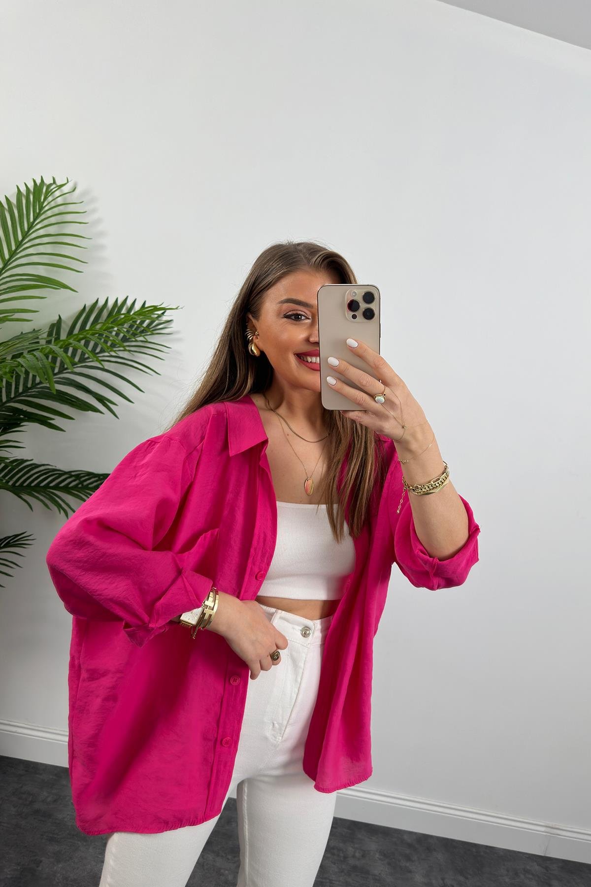 Lüx Kalite Basic Salaş Tensel Gömlek Fuşya