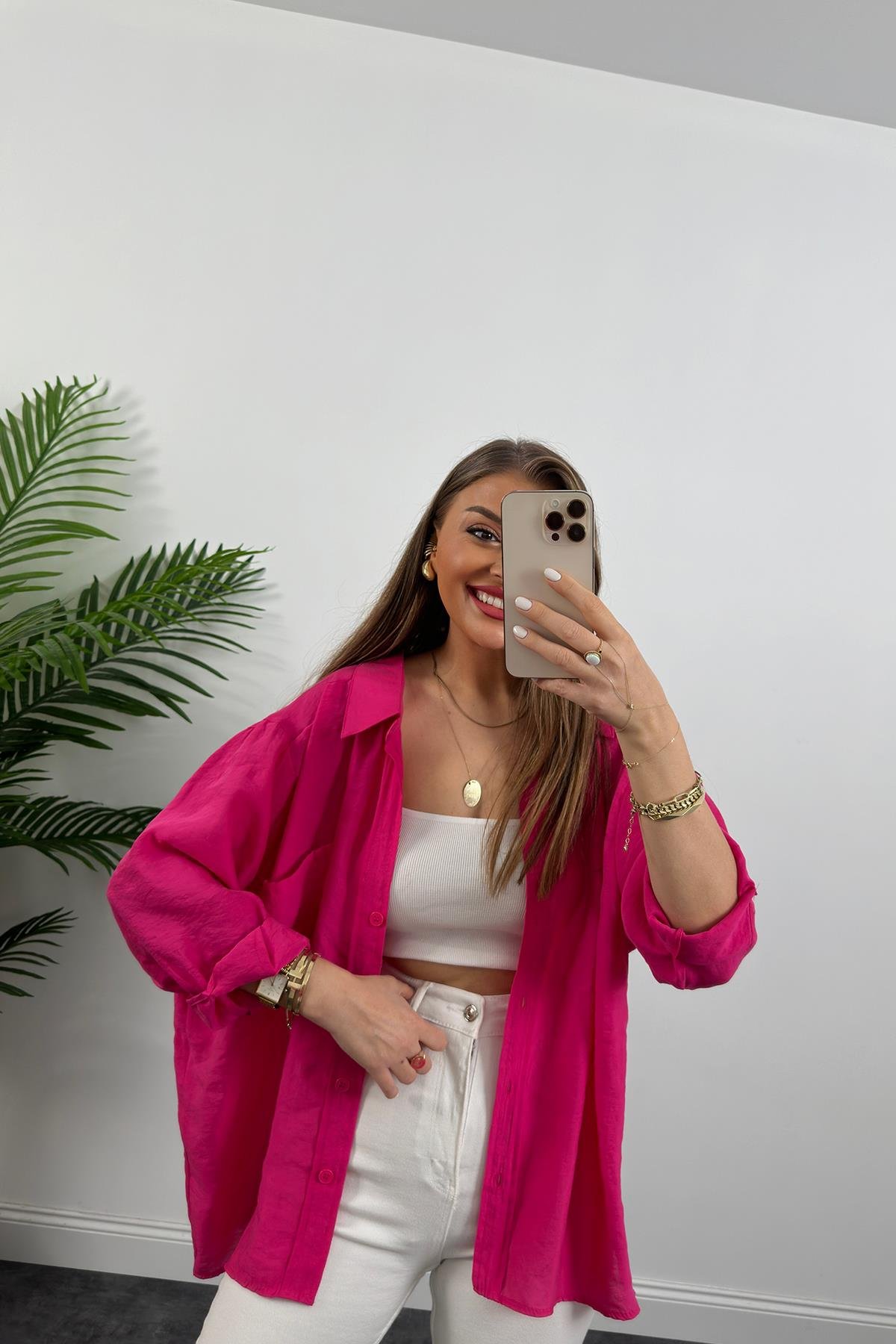 Lüx Kalite Basic Salaş Tensel Gömlek Fuşya