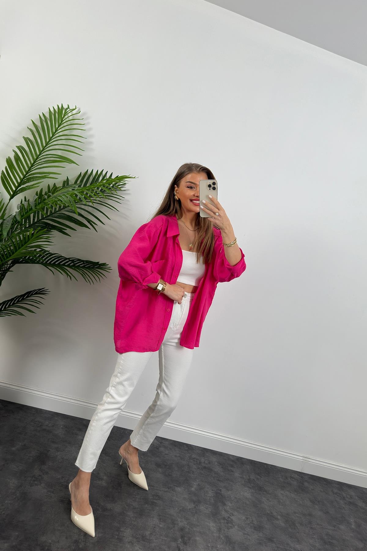 Lüx Kalite Basic Salaş Tensel Gömlek Fuşya