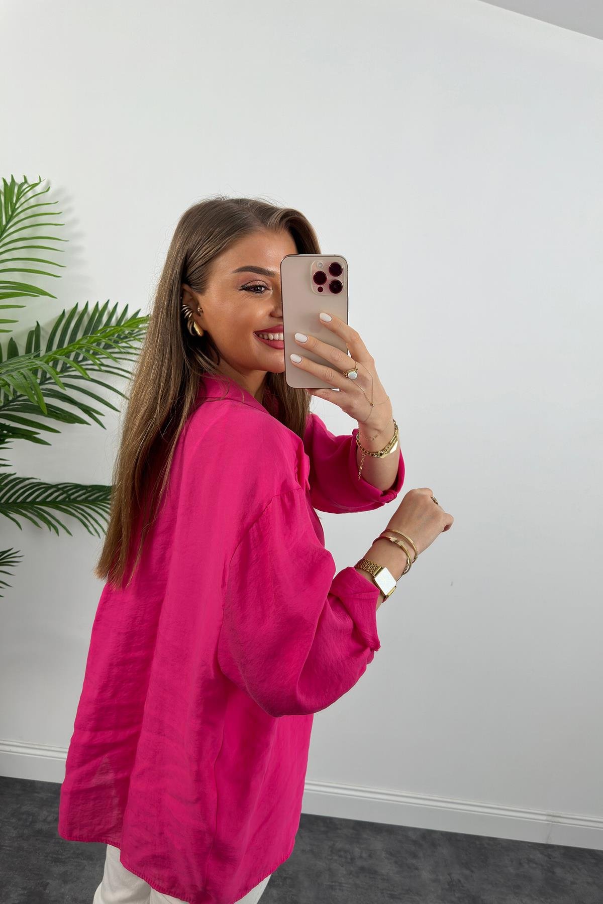 Lüx Kalite Basic Salaş Tensel Gömlek Fuşya