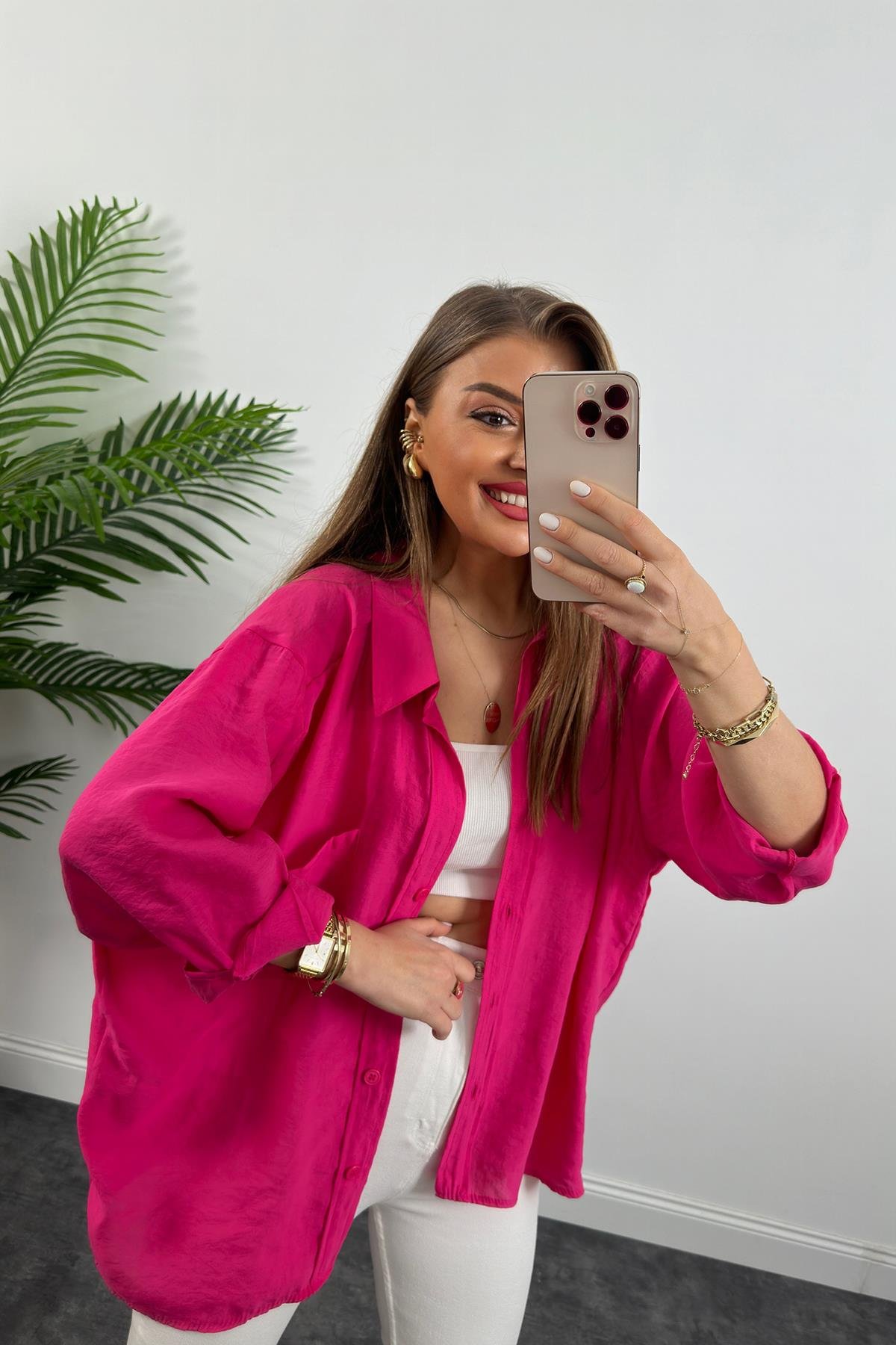 Lüx Kalite Basic Salaş Tensel Gömlek Fuşya