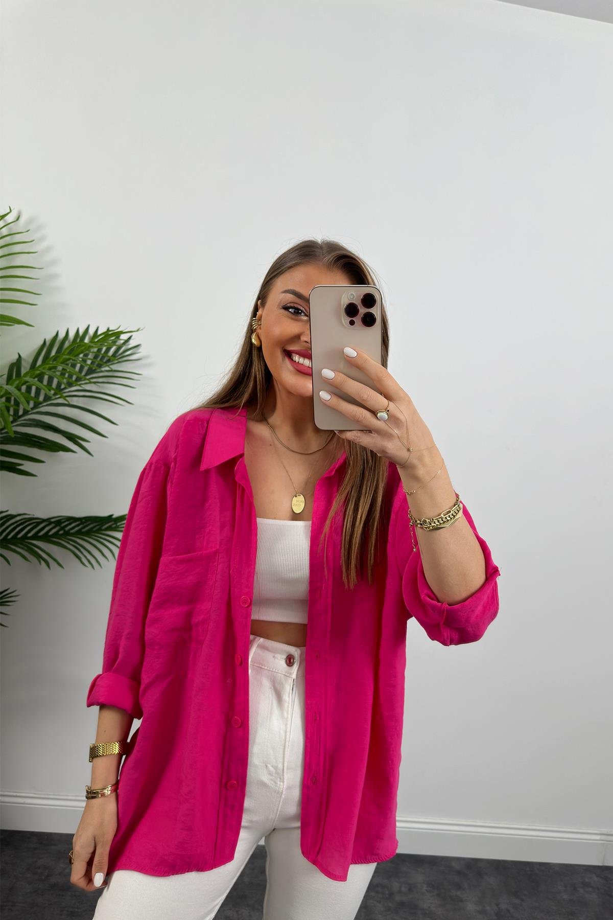 Lüx Kalite Basic Salaş Tensel Gömlek Fuşya