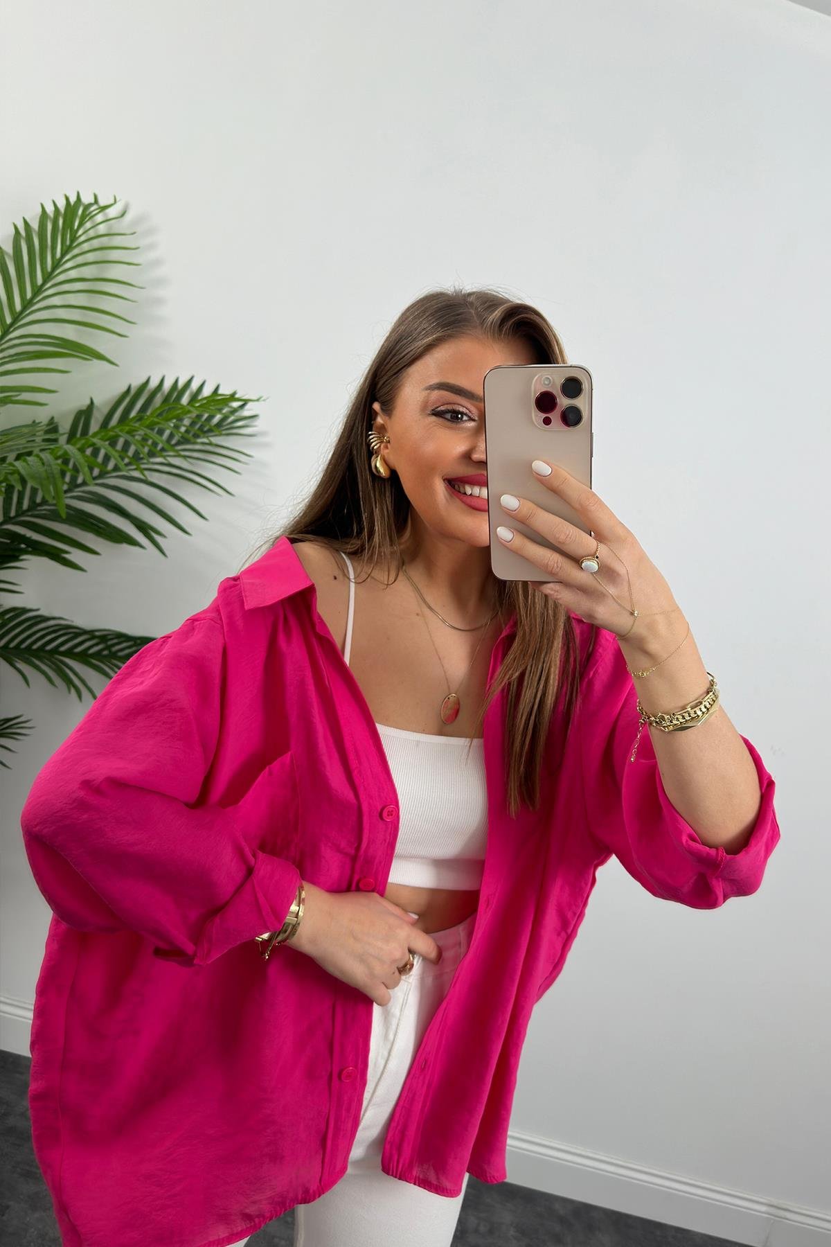 Lüx Kalite Basic Salaş Tensel Gömlek Fuşya