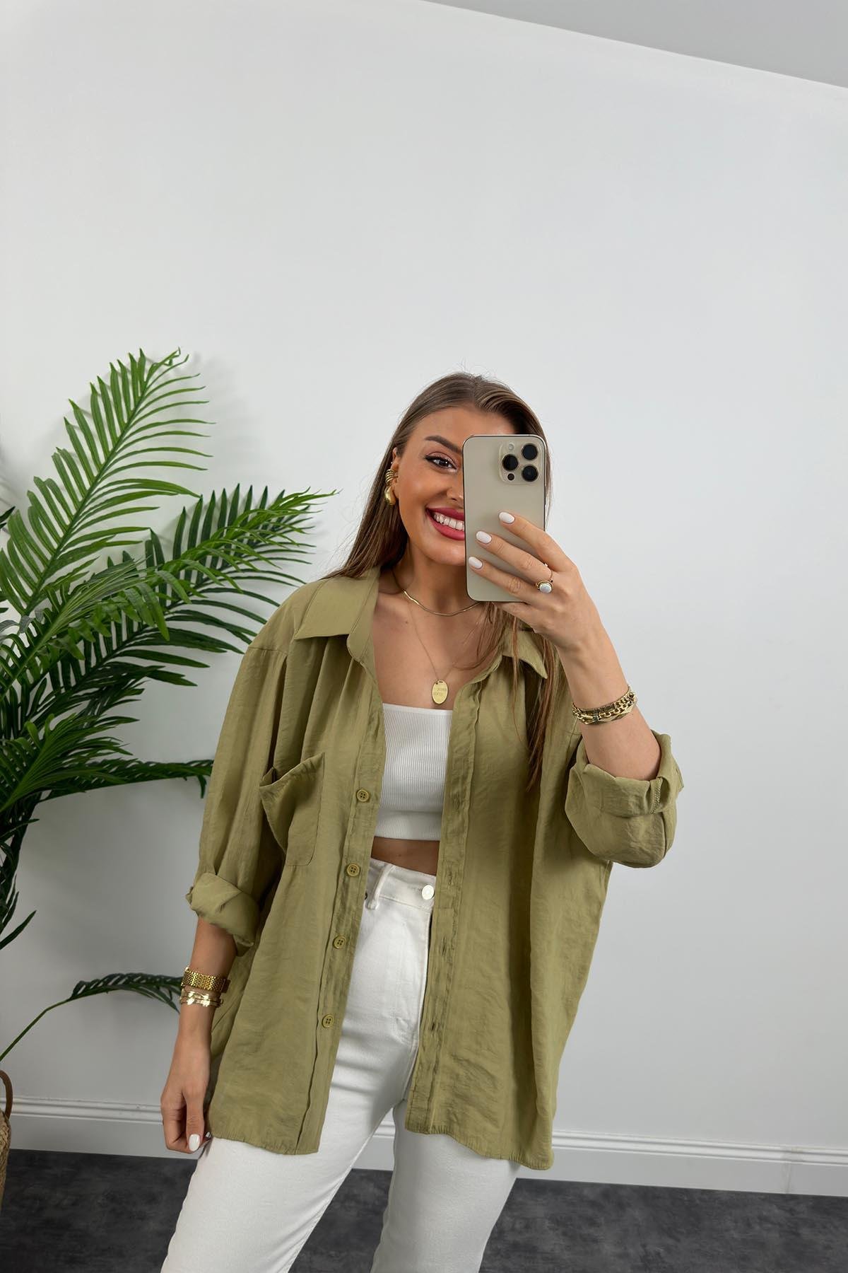 Lüx Kalite Basic Salaş Tensel Gömlek Haki