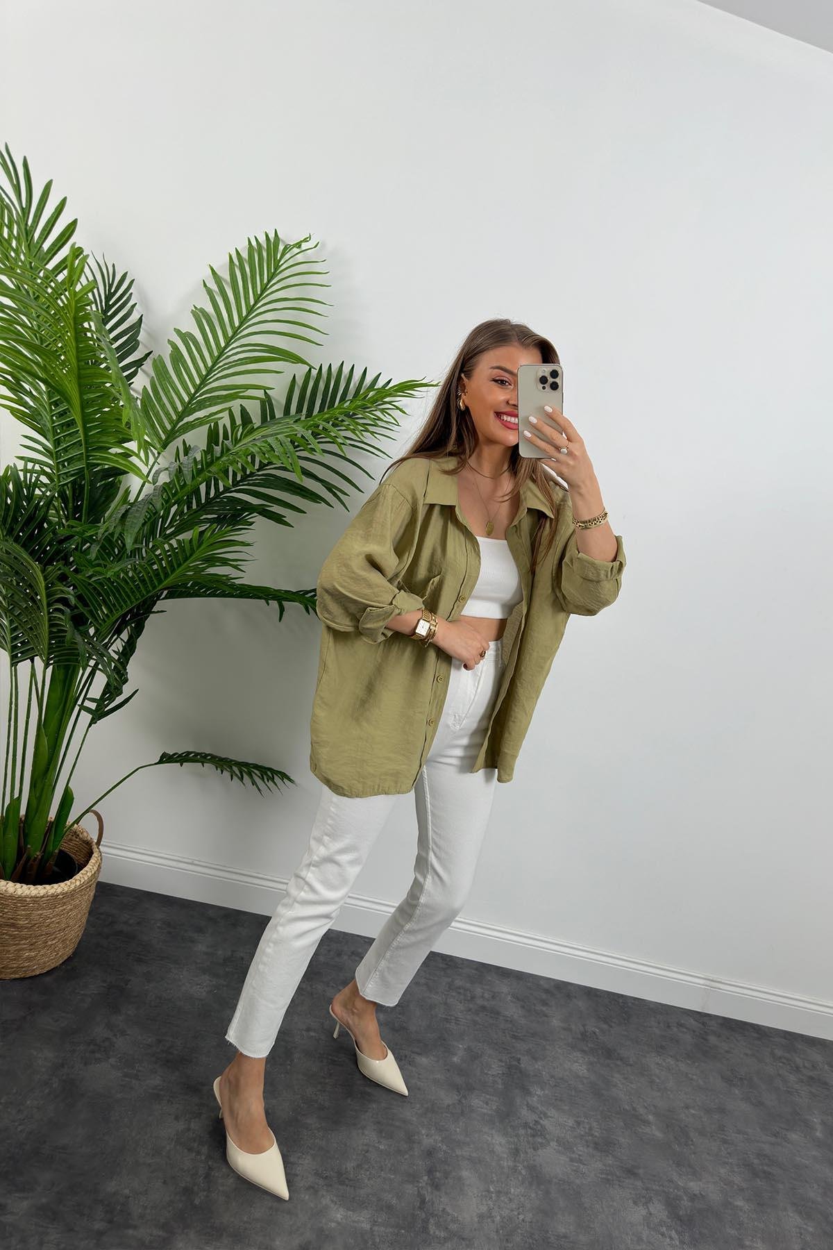 Lüx Kalite Basic Salaş Tensel Gömlek Haki