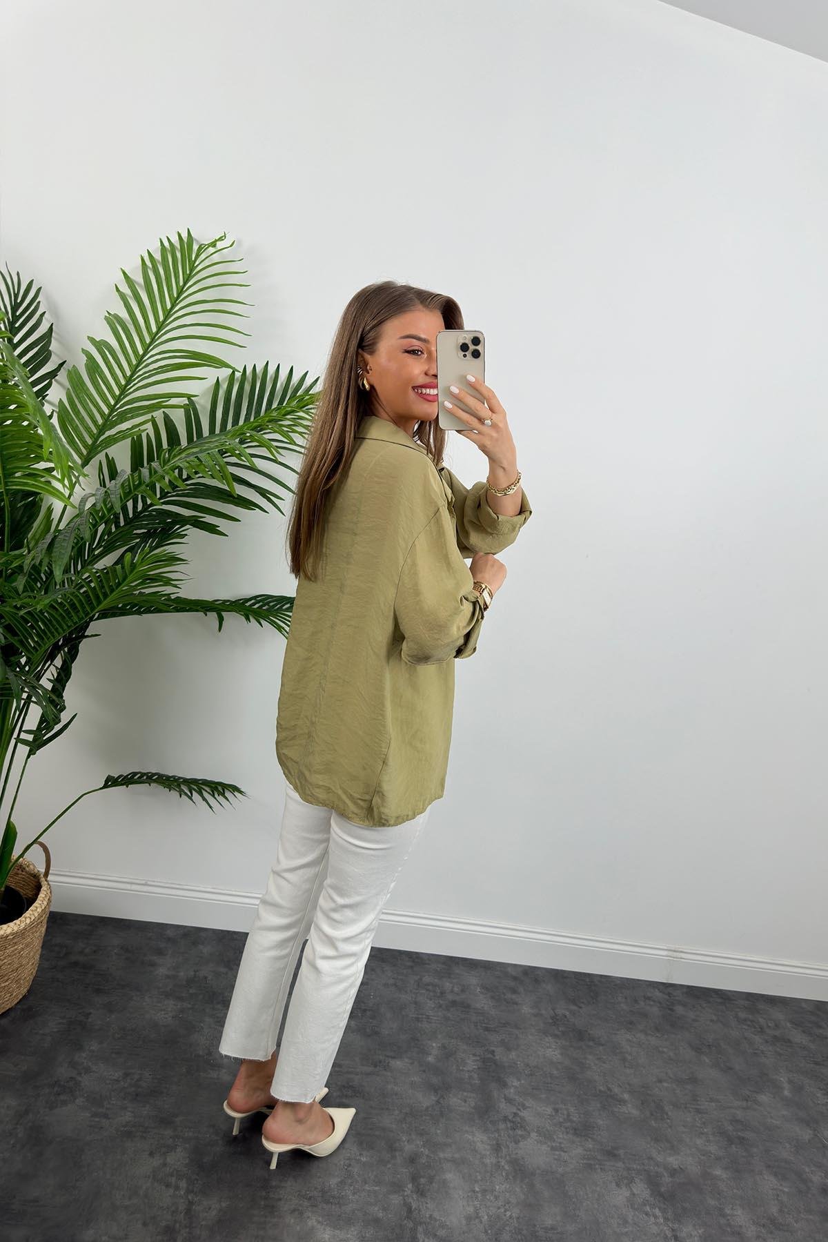 Lüx Kalite Basic Salaş Tensel Gömlek Haki