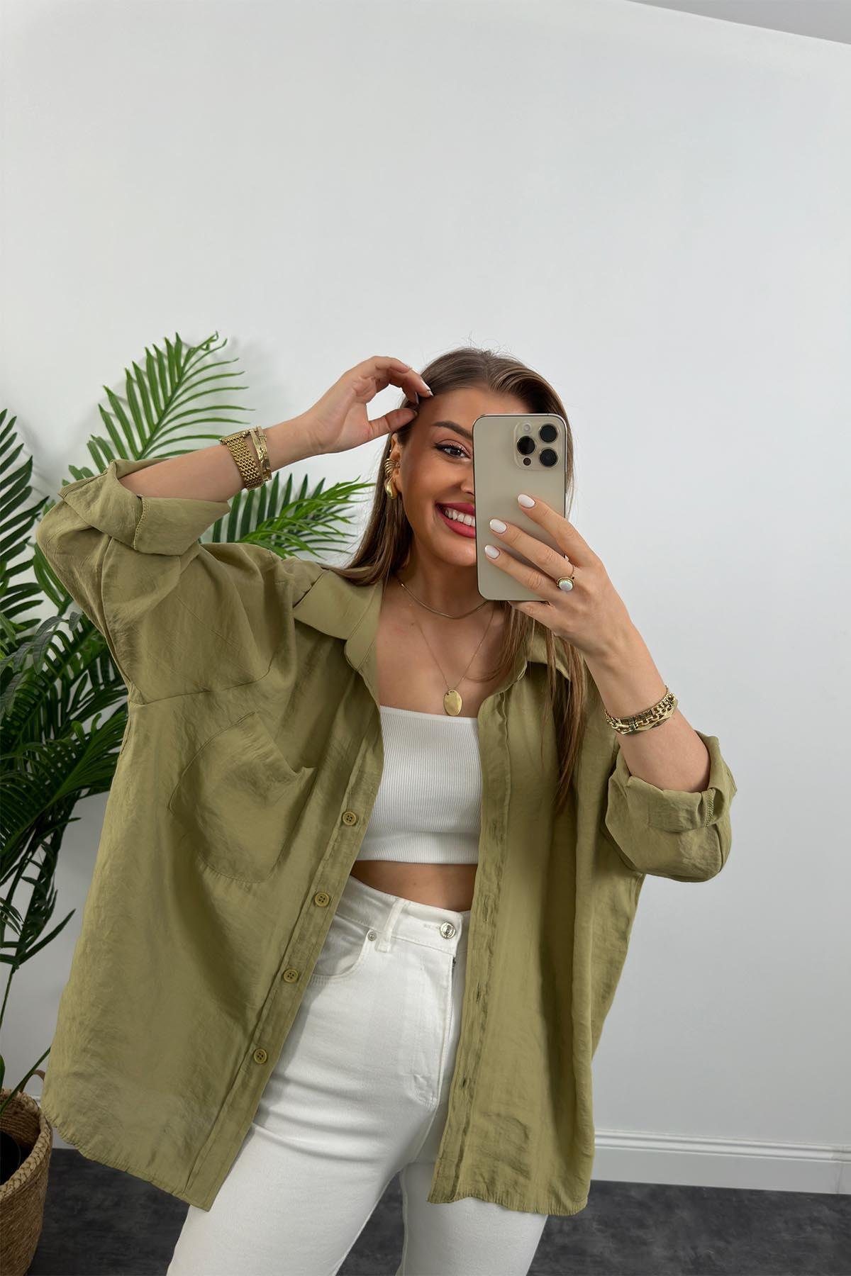 Lüx Kalite Basic Salaş Tensel Gömlek Haki