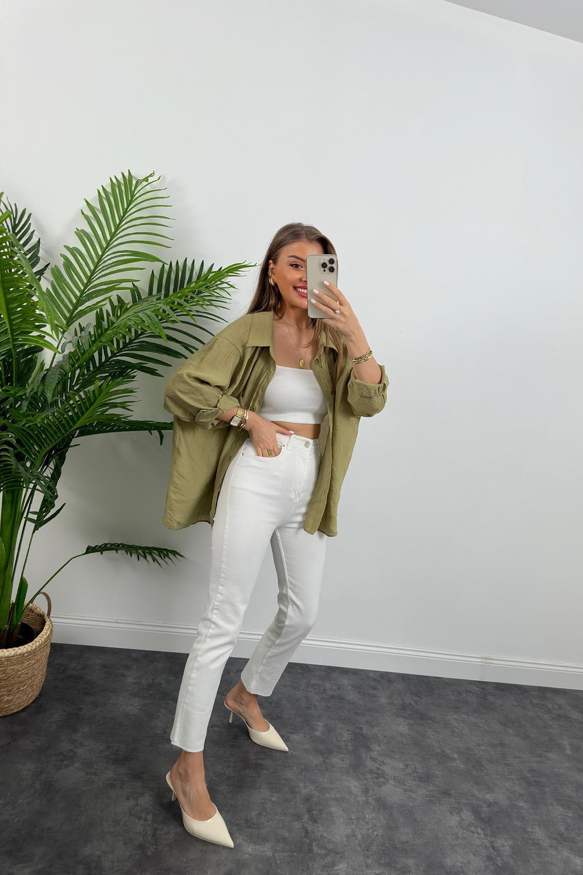 Lüx Kalite Basic Salaş Tensel Gömlek Haki