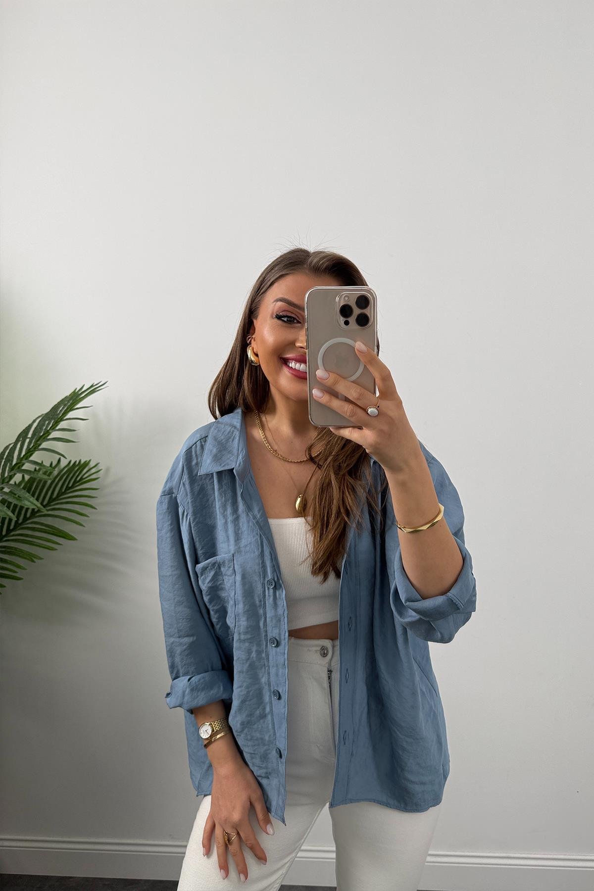 Lüx Kalite Basic Salaş Tensel Gömlek İndigo