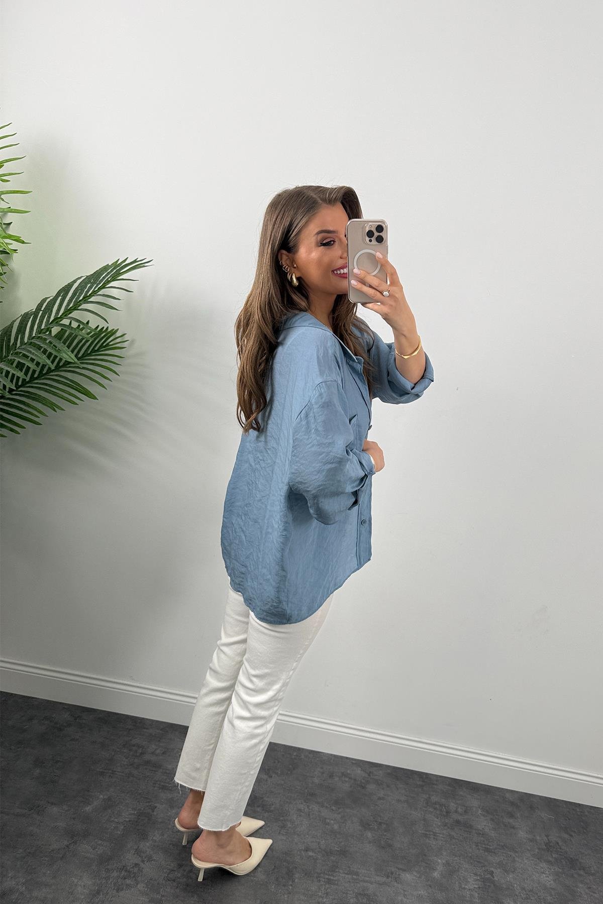 Lüx Kalite Basic Salaş Tensel Gömlek İndigo