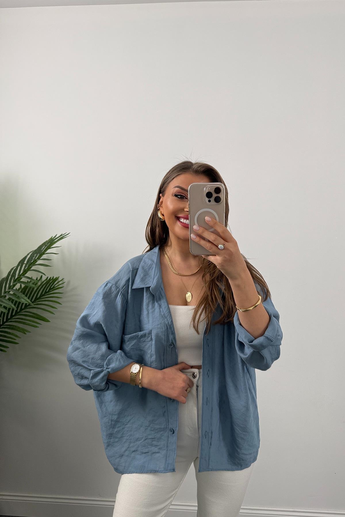 Lüx Kalite Basic Salaş Tensel Gömlek İndigo