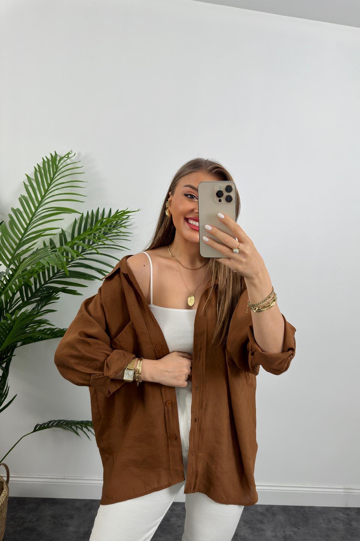 Lüx Kalite Basic Salaş Tensel Gömlek Kahve