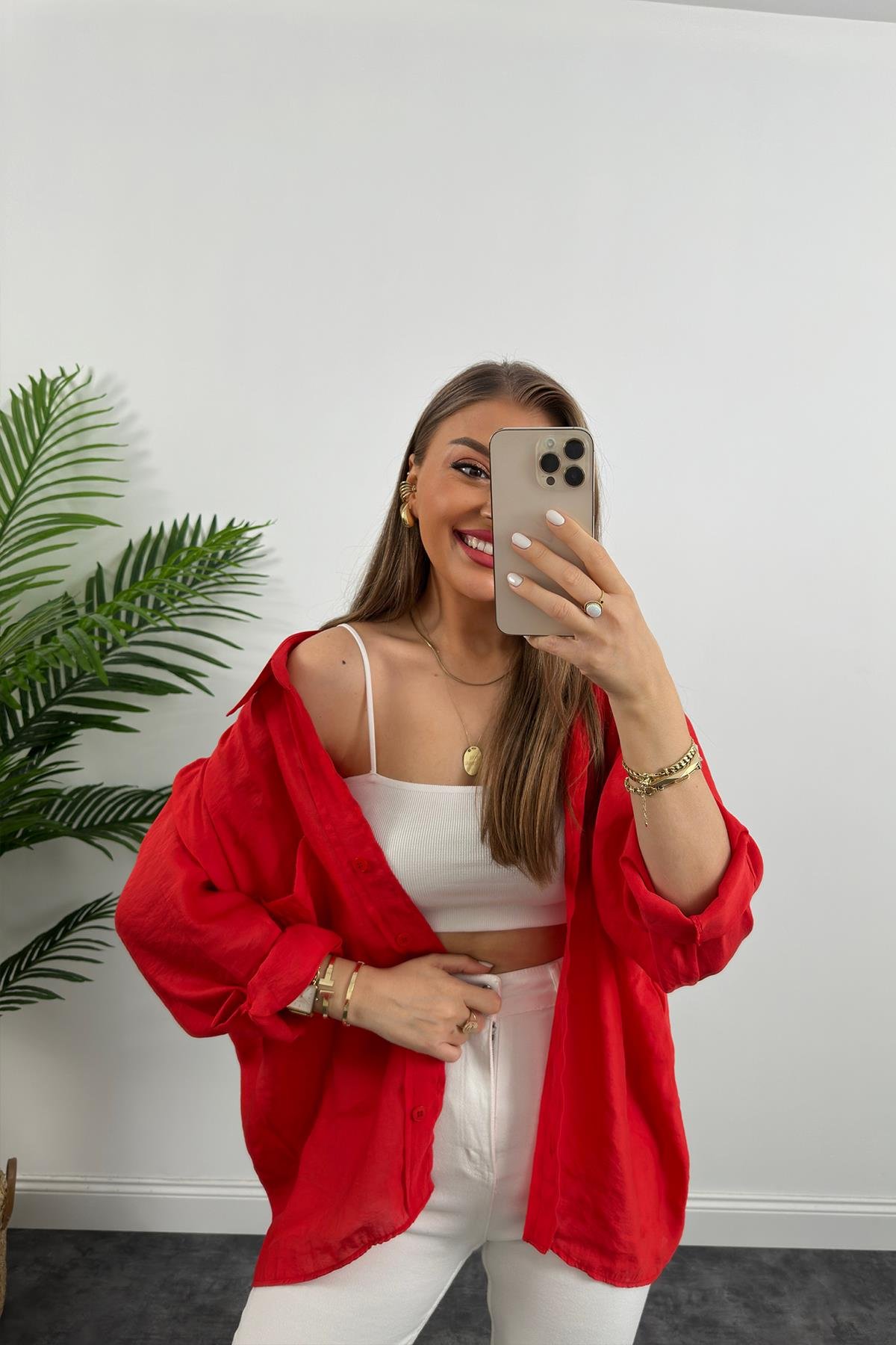 Lüx Kalite Basic Salaş Tensel Gömlek Kırmızı