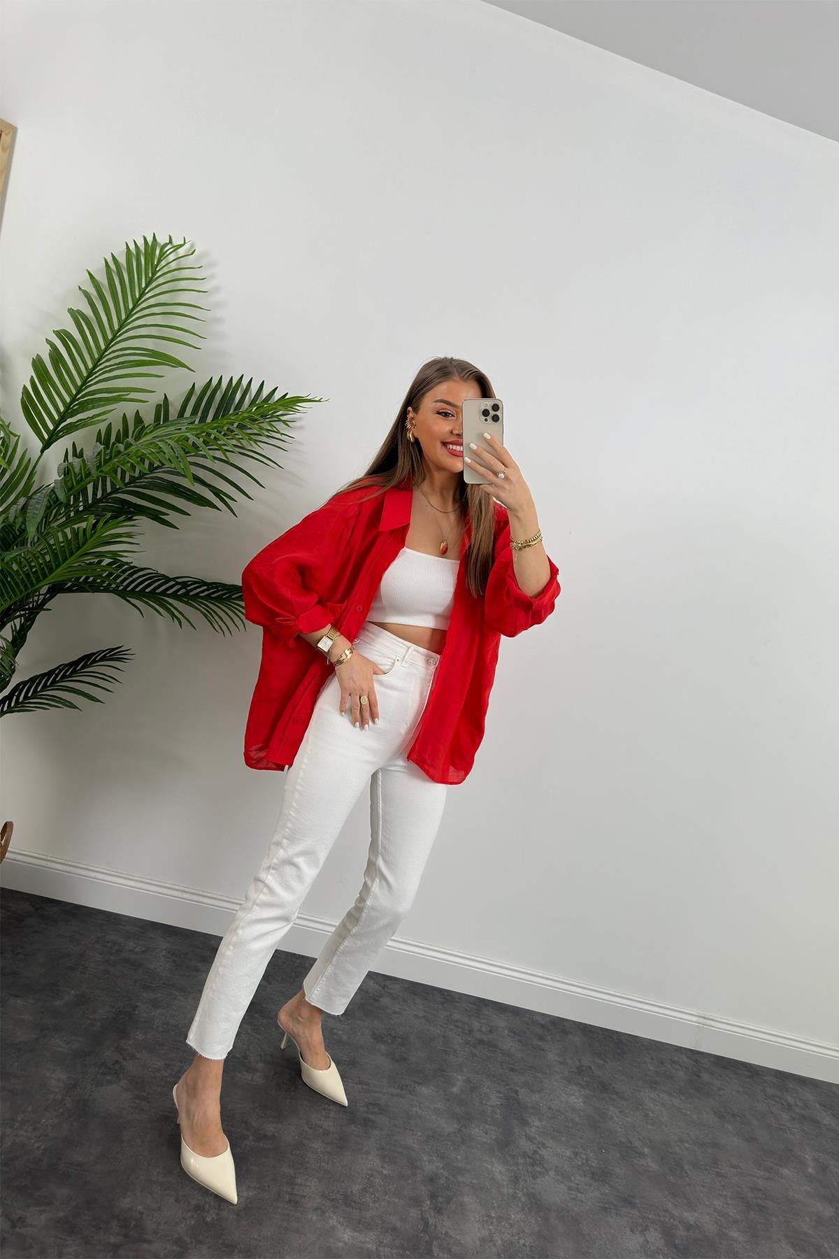 Lüx Kalite Basic Salaş Tensel Gömlek Kırmızı