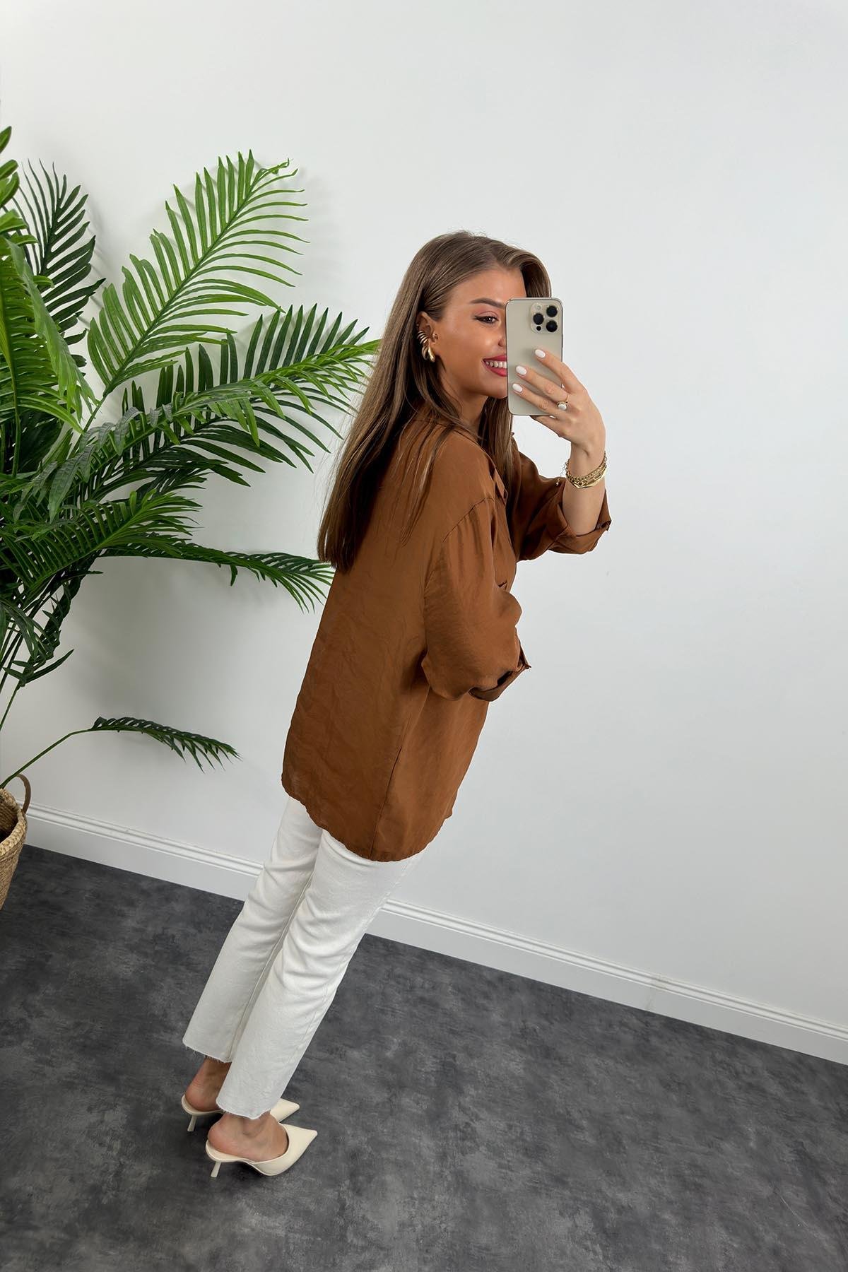 Lüx Kalite Basic Salaş Tensel Gömlek Kahve