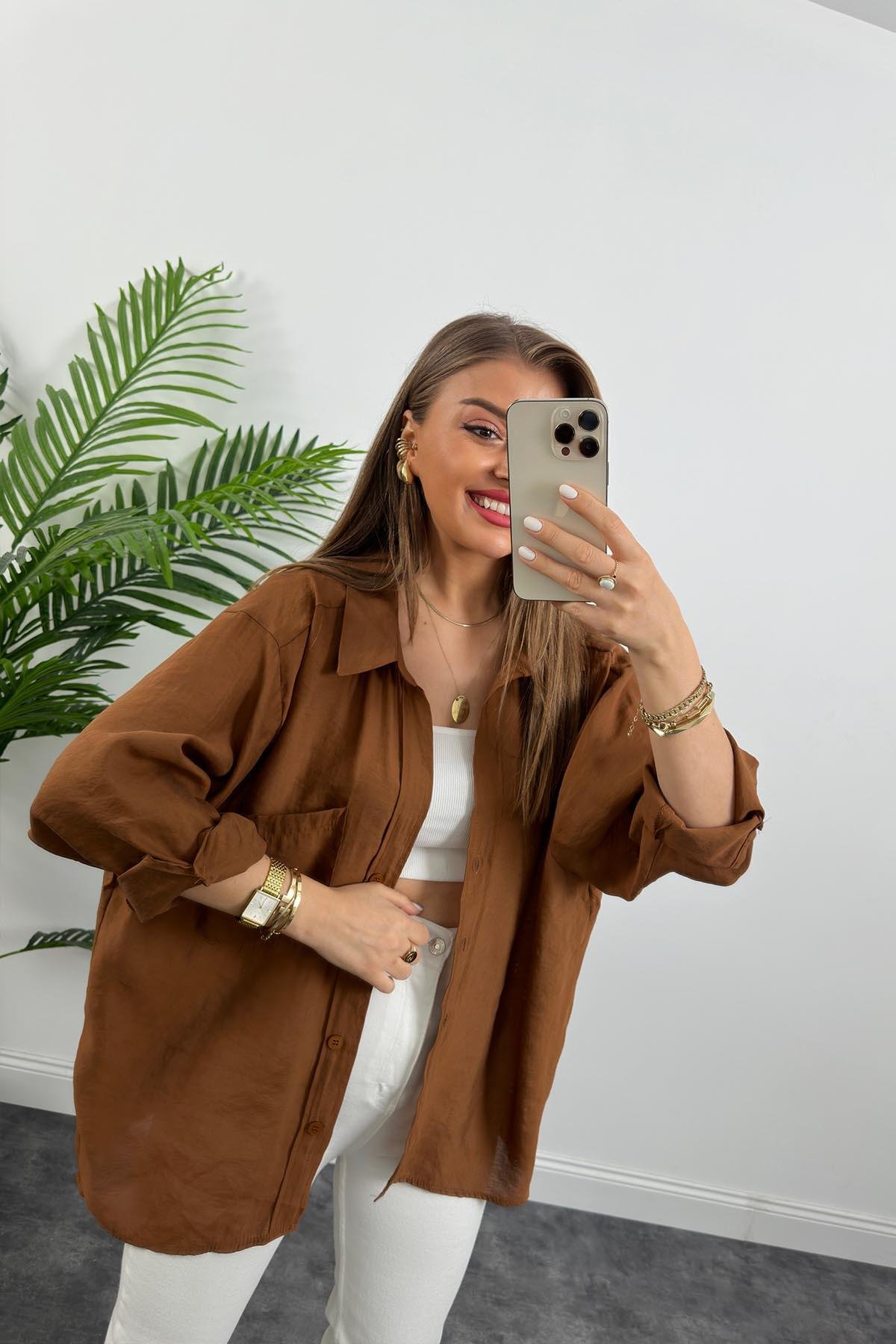 Lüx Kalite Basic Salaş Tensel Gömlek Kahve