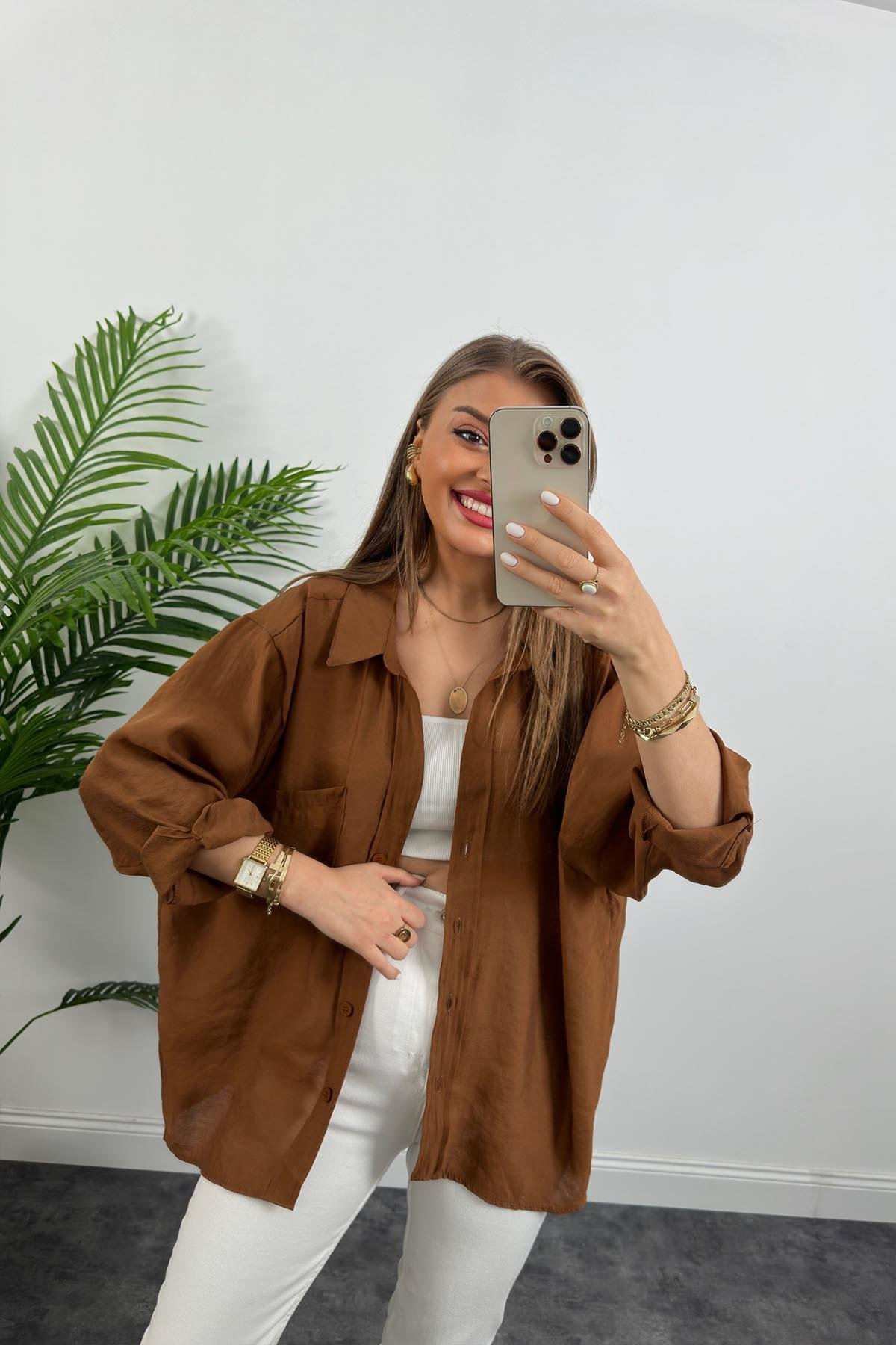 Lüx Kalite Basic Salaş Tensel Gömlek Kahve