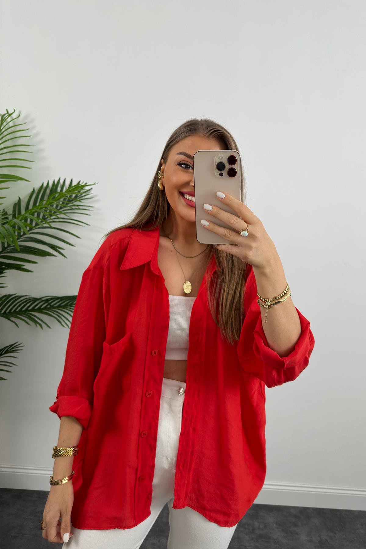 Lüx Kalite Basic Salaş Tensel Gömlek Kırmızı