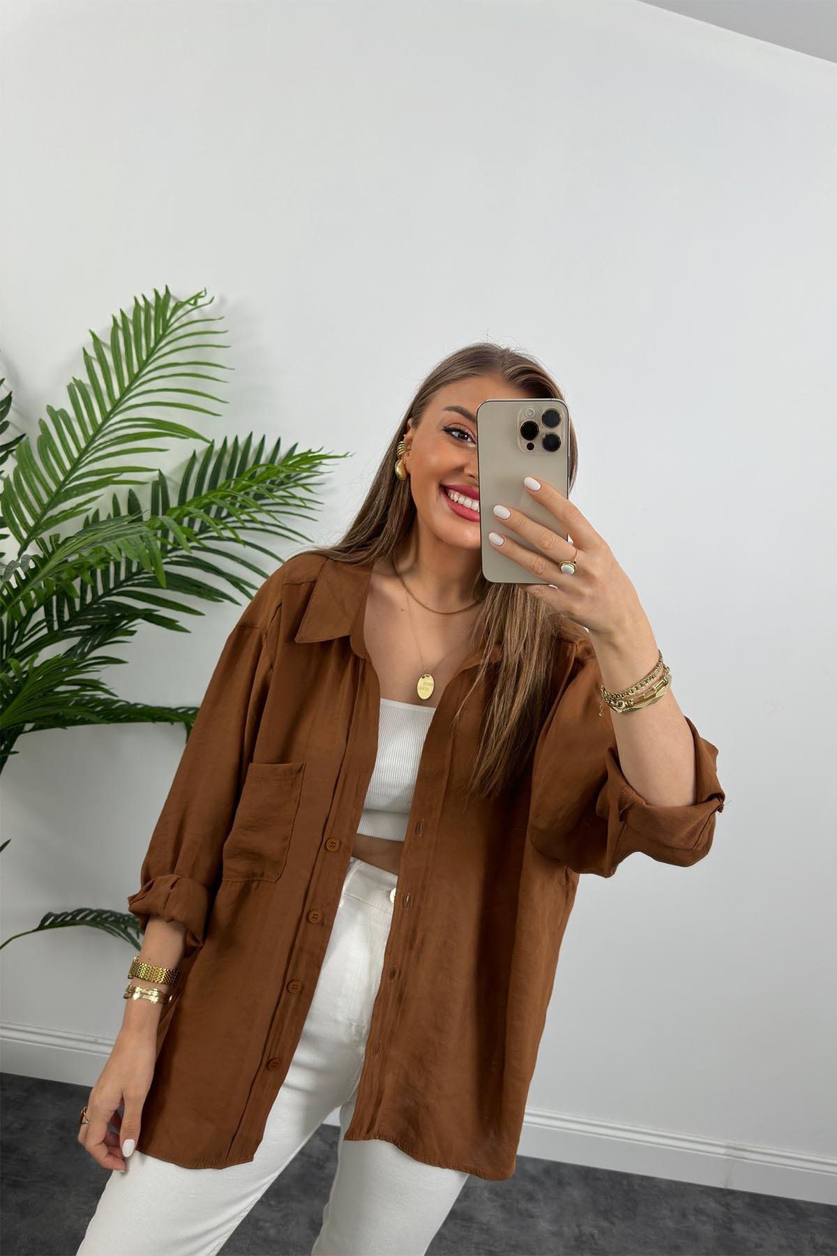 Lüx Kalite Basic Salaş Tensel Gömlek Kahve