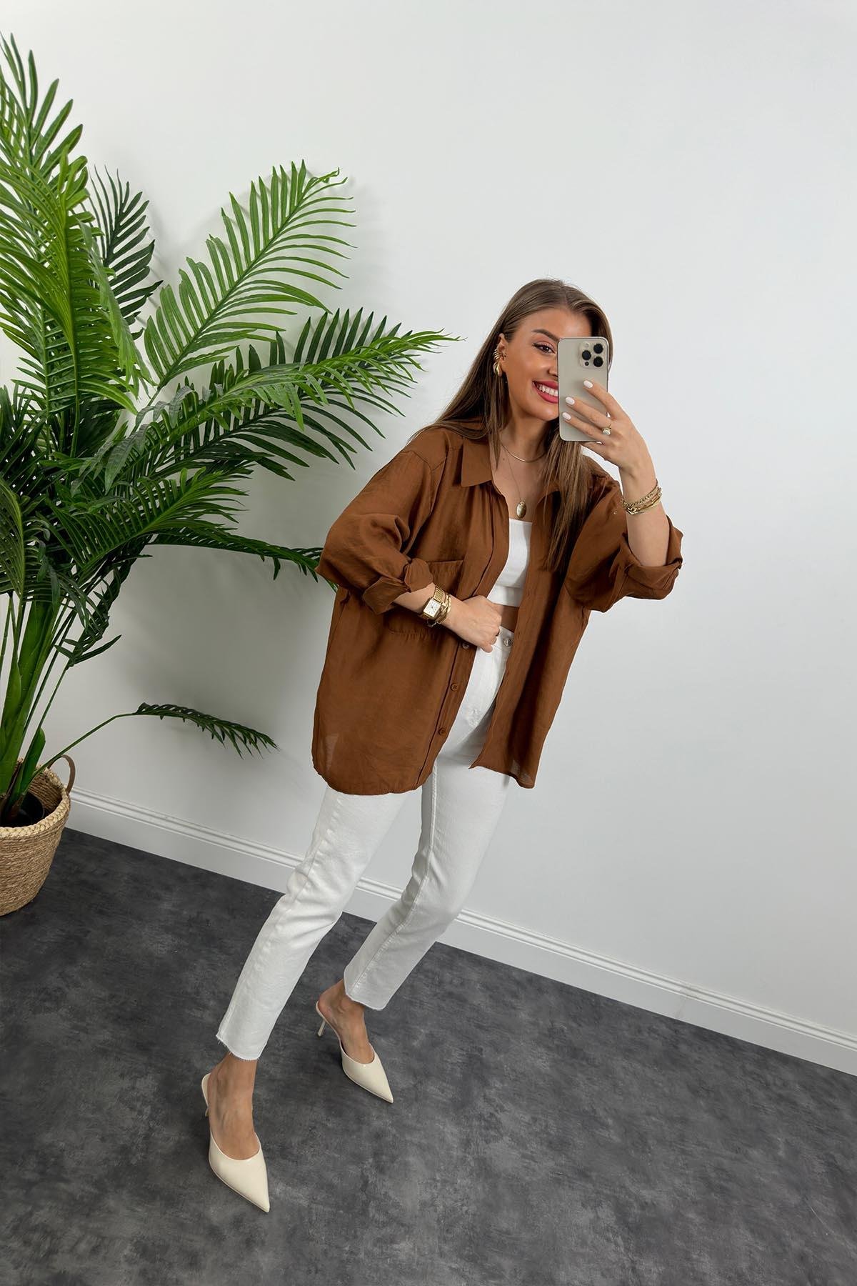 Lüx Kalite Basic Salaş Tensel Gömlek Kahve