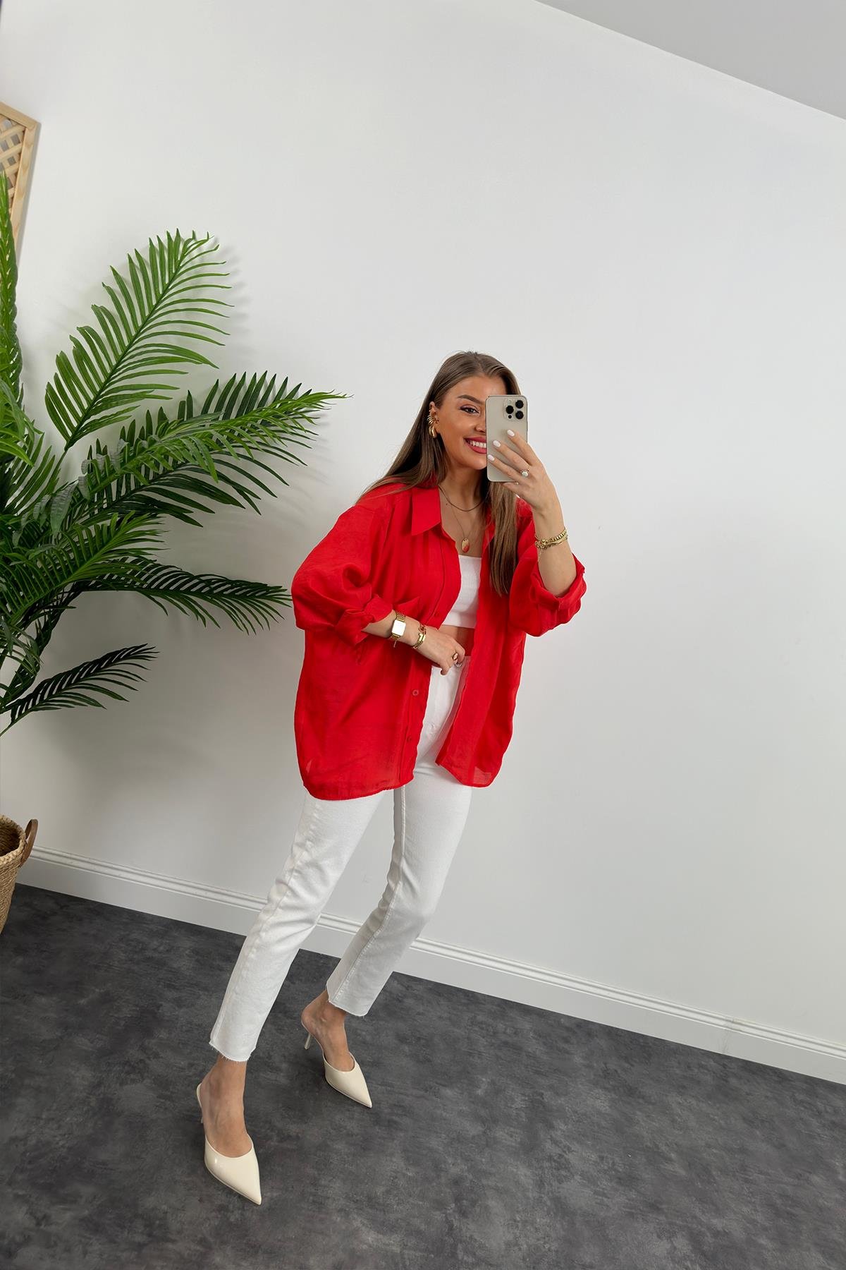 Lüx Kalite Basic Salaş Tensel Gömlek Kırmızı