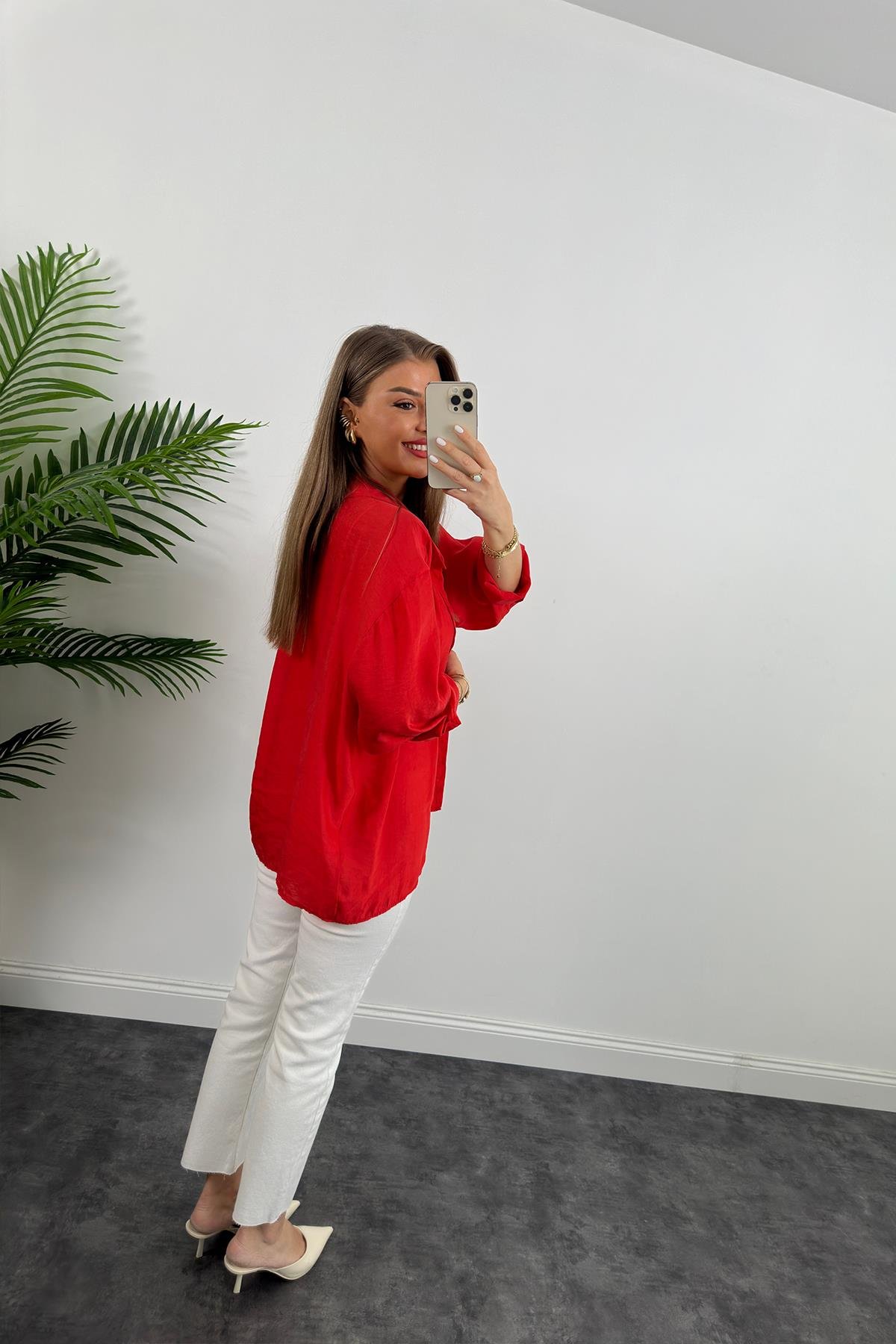 Lüx Kalite Basic Salaş Tensel Gömlek Kırmızı