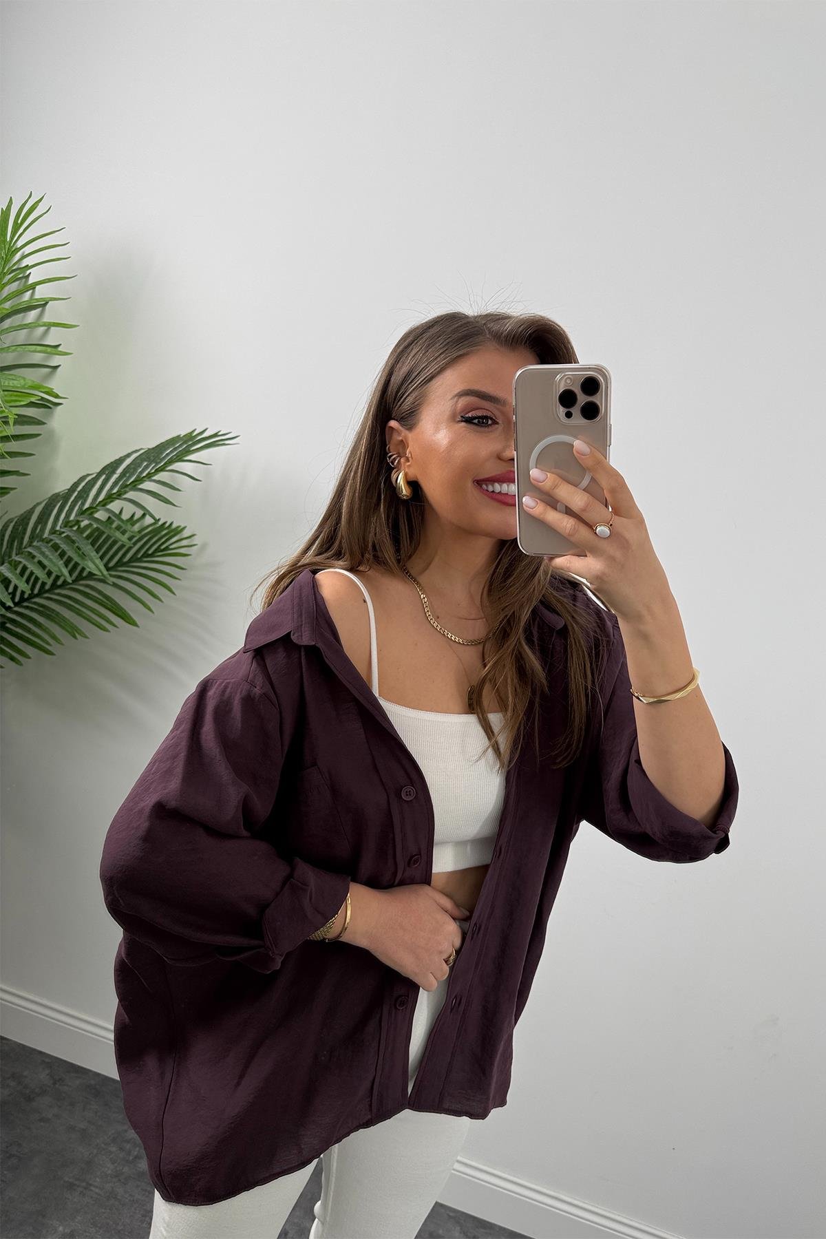 Lüx Kalite Basic Salaş Tensel Gömlek Mürdüm