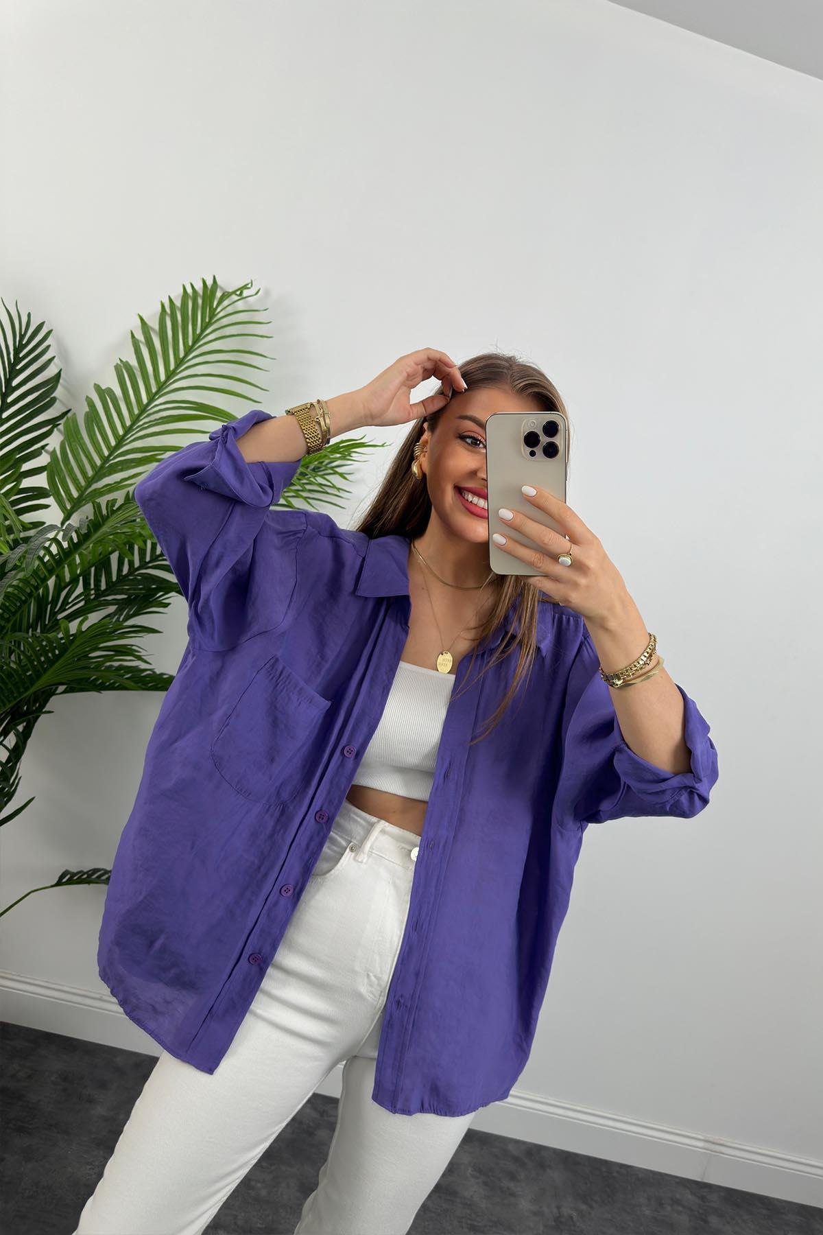 Lüx Kalite Basic Salaş Tensel Gömlek Mor