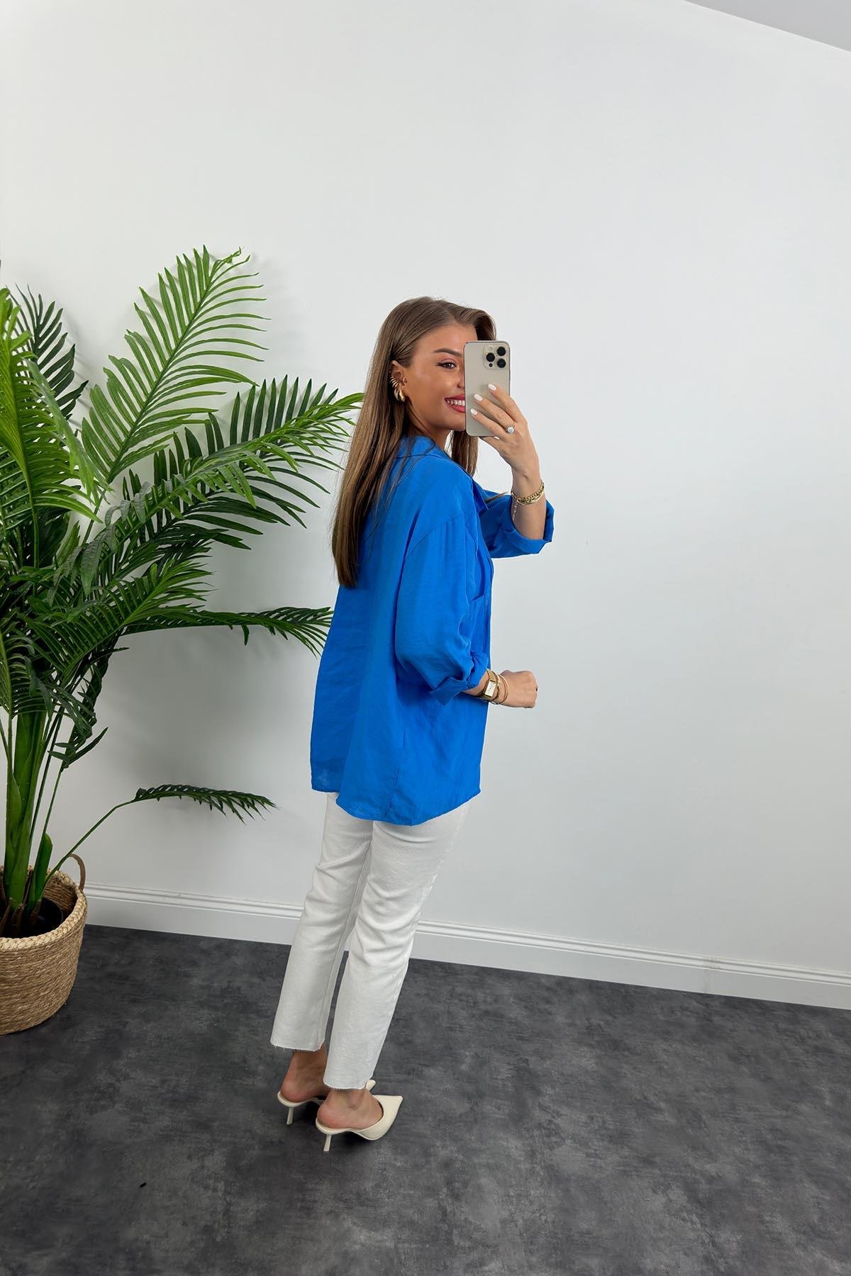 Lüx Kalite Basic Salaş Tensel Gömlek Mavi 