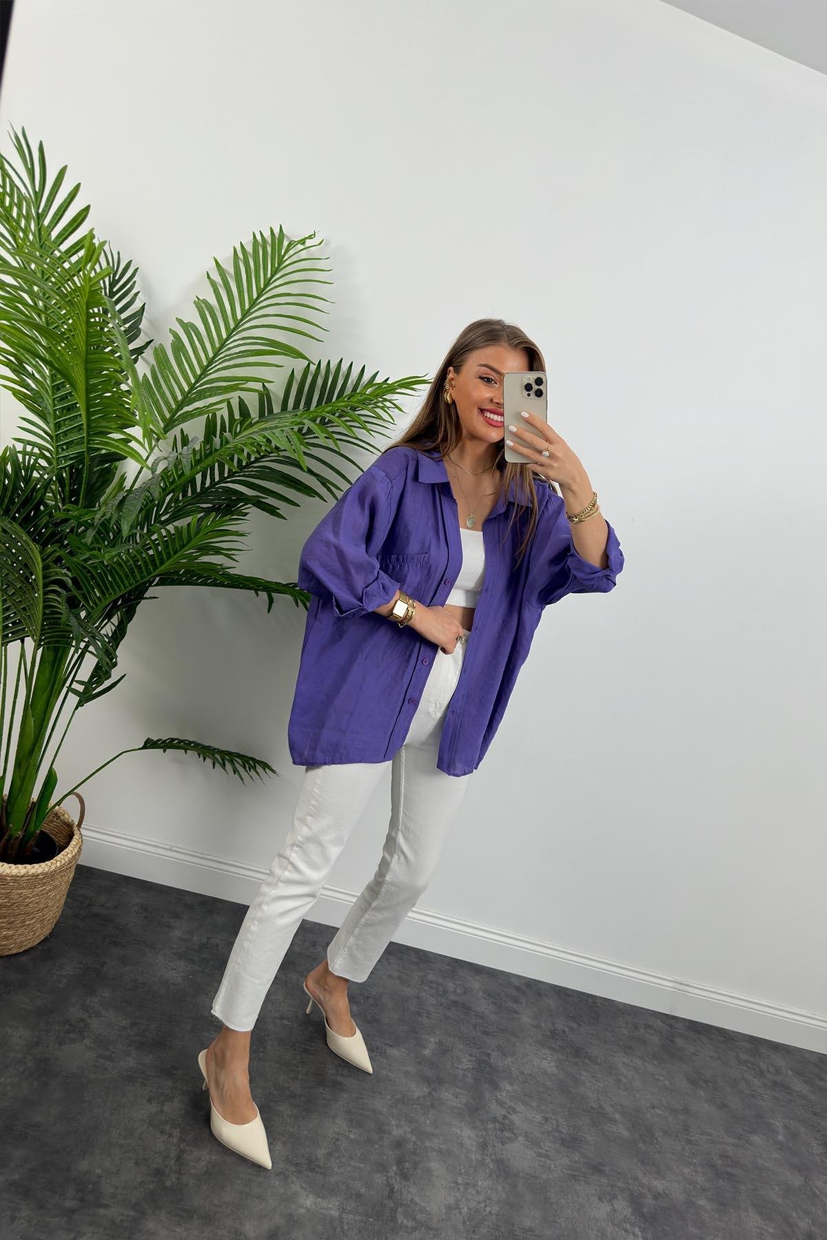 Lüx Kalite Basic Salaş Tensel Gömlek Mor