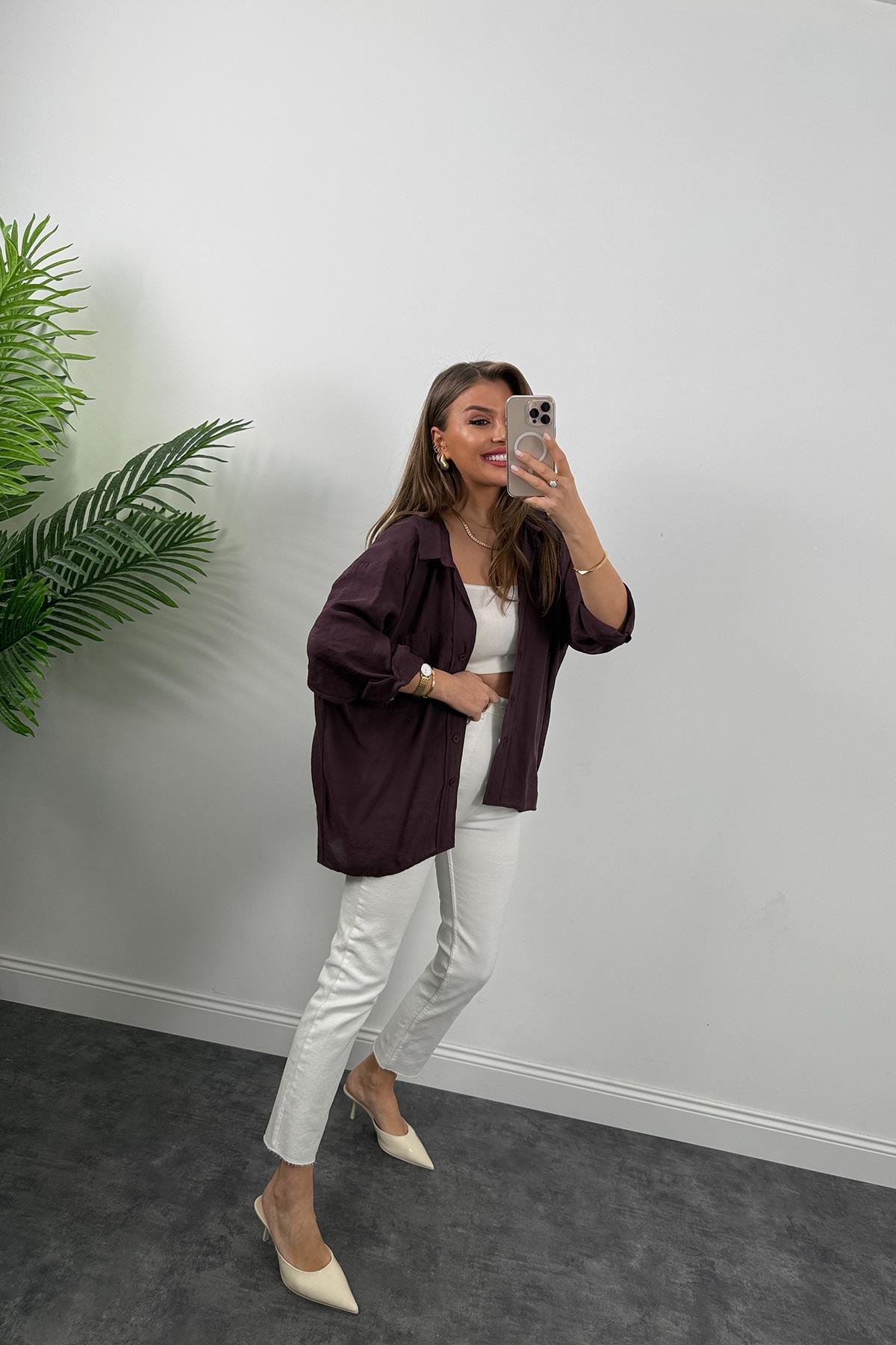 Lüx Kalite Basic Salaş Tensel Gömlek Mürdüm