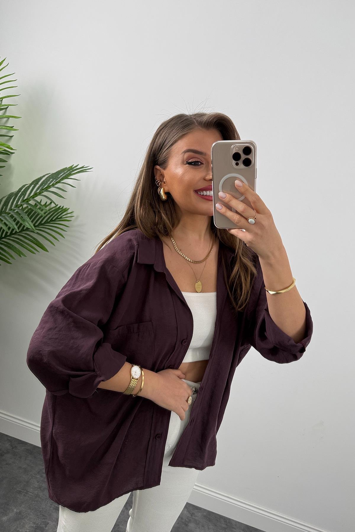 Lüx Kalite Basic Salaş Tensel Gömlek Mürdüm